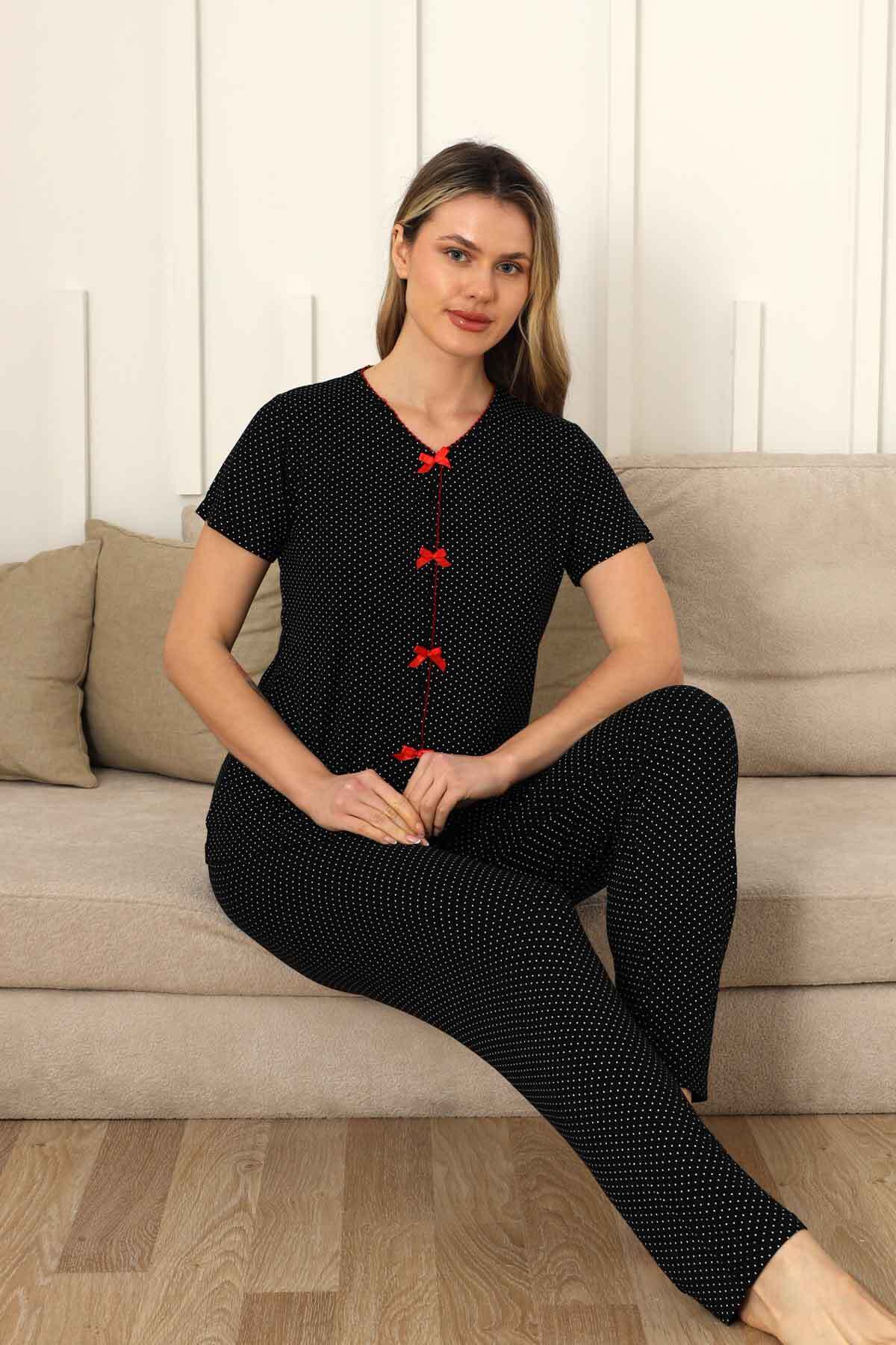 Kadın Pijama Takımı - Siyah Puantiyeli Önden Düğmeli Kısa Kollu Likralı 2828KY
