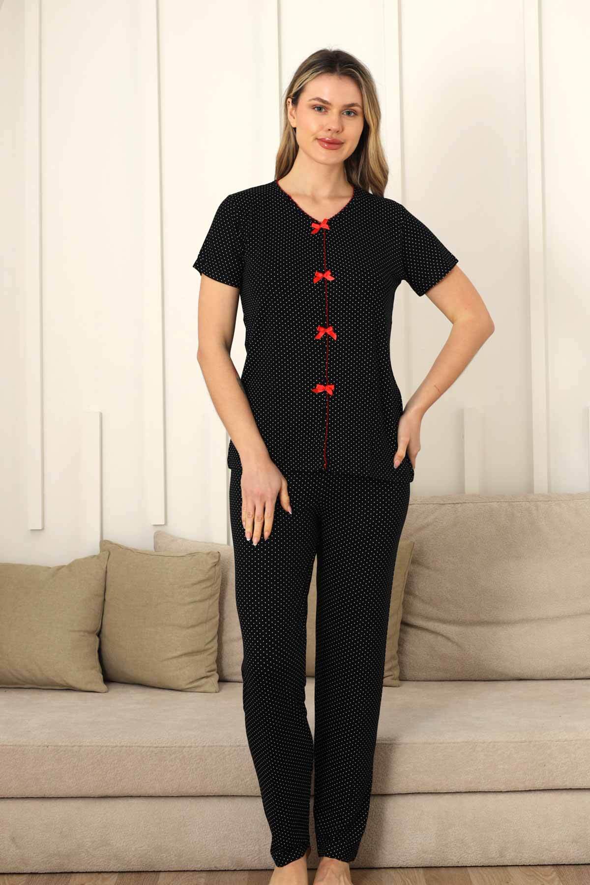 Kadın Pijama Takımı - Siyah Puantiyeli Önden Düğmeli Kısa Kollu Likralı 2828KY