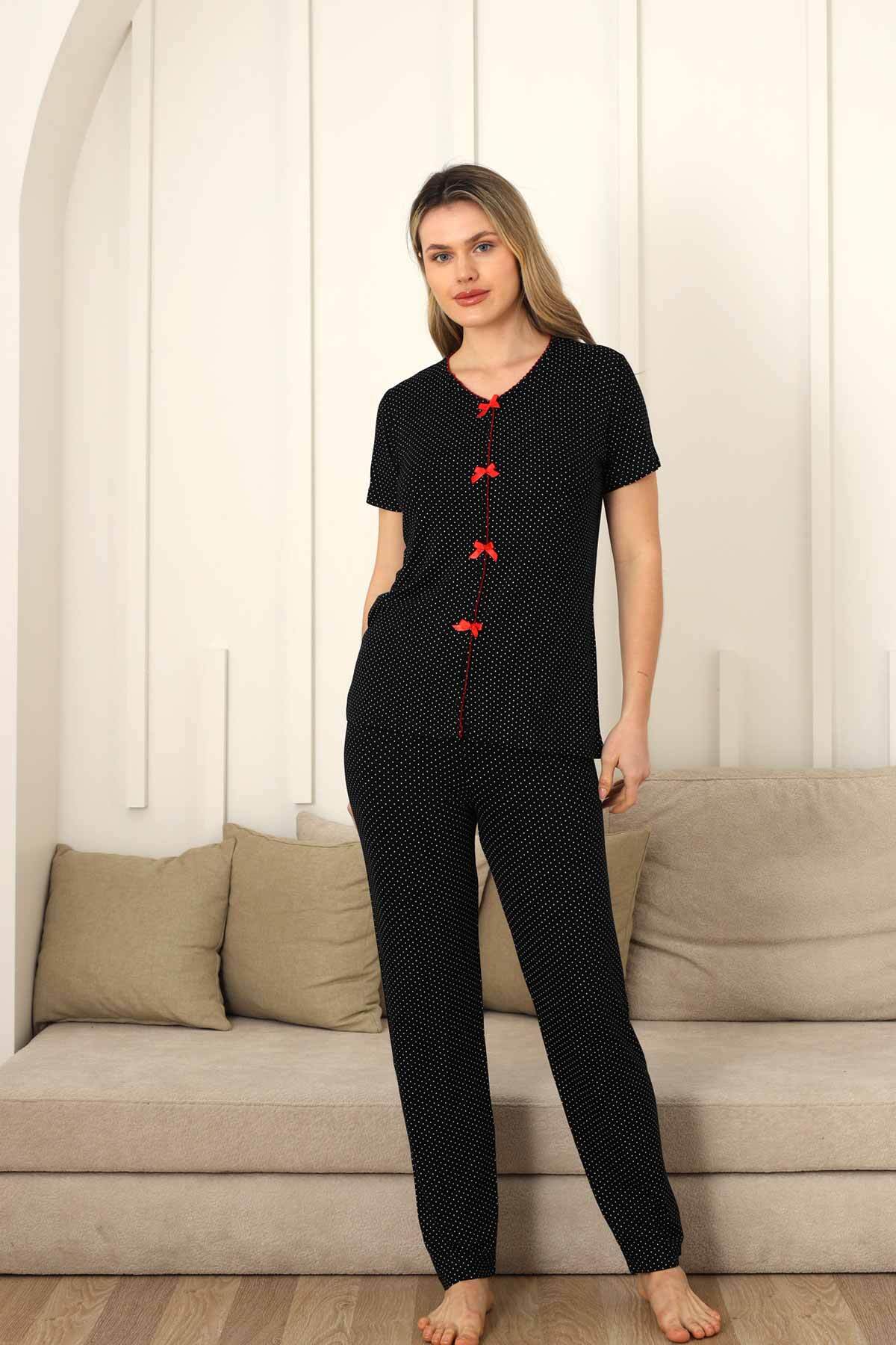 Kadın Pijama Takımı - Siyah Puantiyeli Önden Düğmeli Kısa Kollu Likralı 2828KY