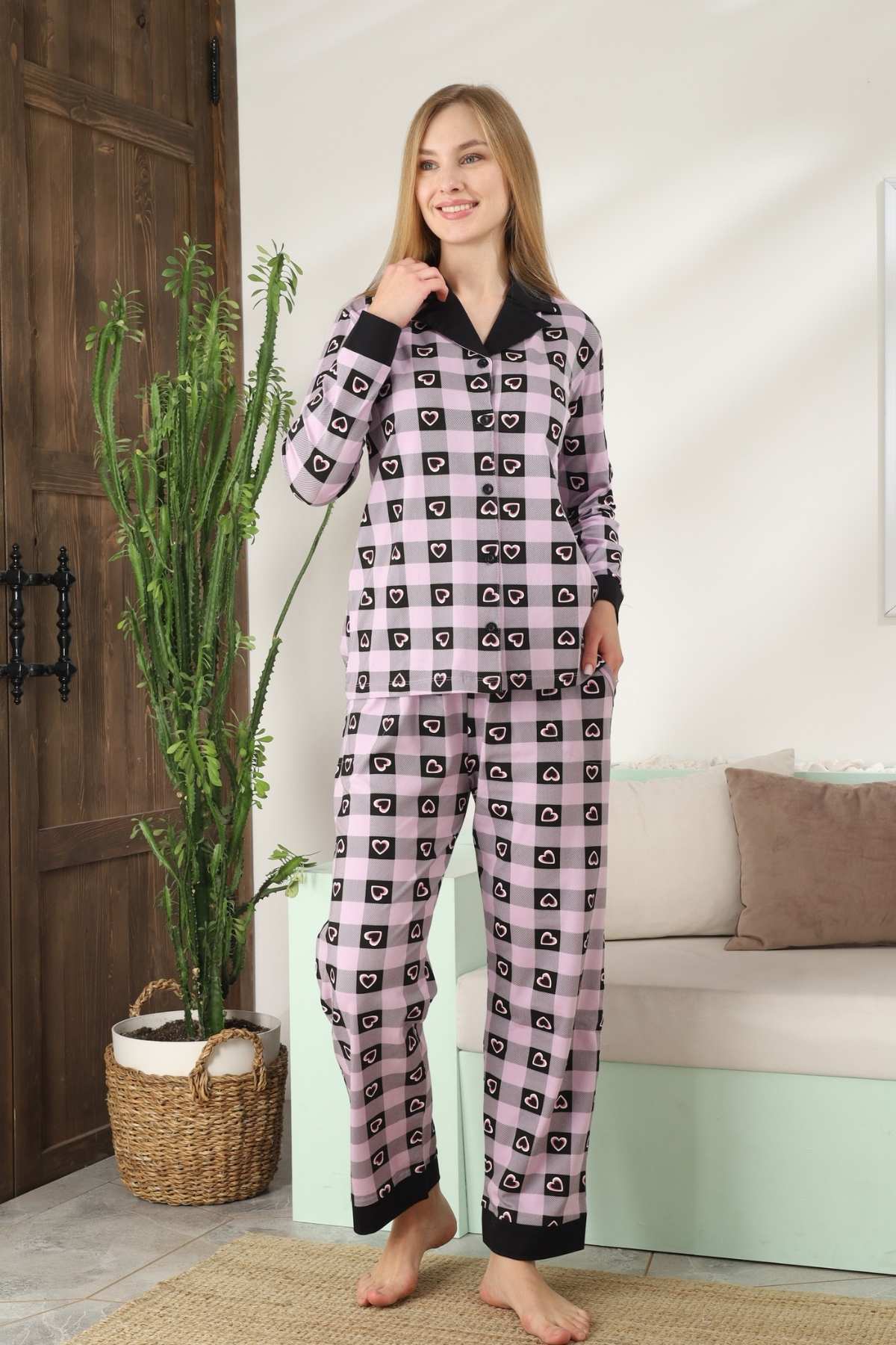 Kadın Pijama Takımı - Kareli Önden Düğmeli Uzun Kollu Likralı 2896UKL