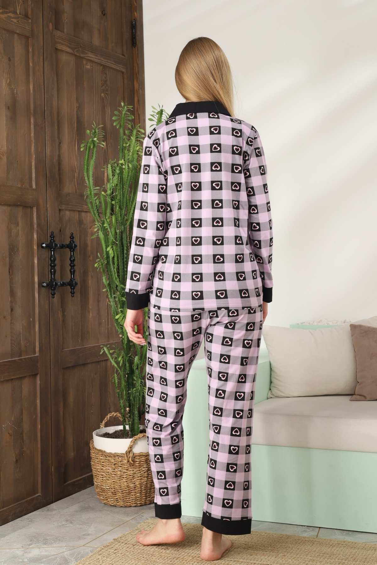 Kadın Pijama Takımı - Kareli Önden Düğmeli Uzun Kollu Likralı 2896UKL