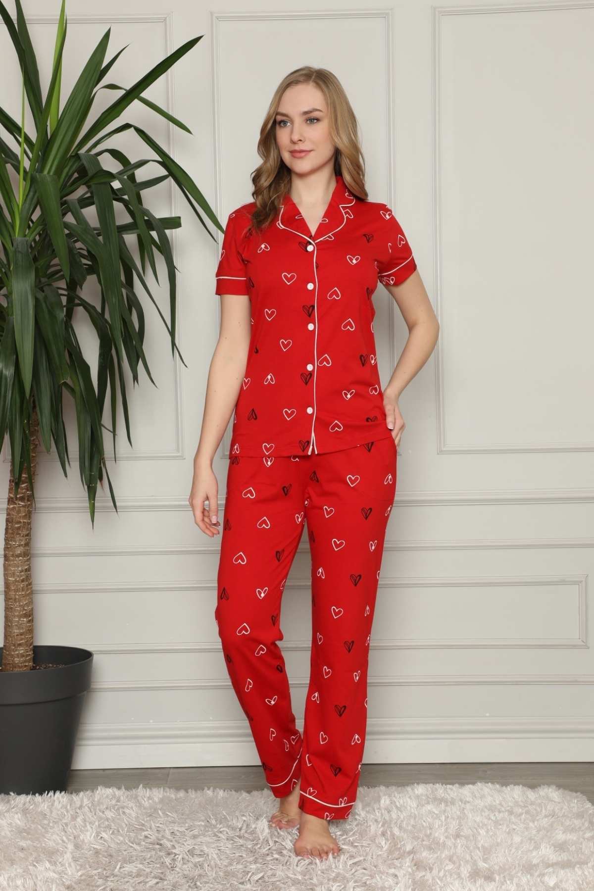 Önden Düğmeli Kadın Pijama Takımı - Kırmızı Kalp Desenli Penye 2581KY