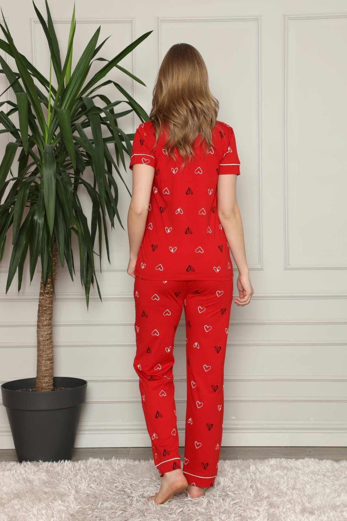 Önden Düğmeli Kadın Pijama Takımı - Kırmızı Kalp Desenli Penye 2581KY
