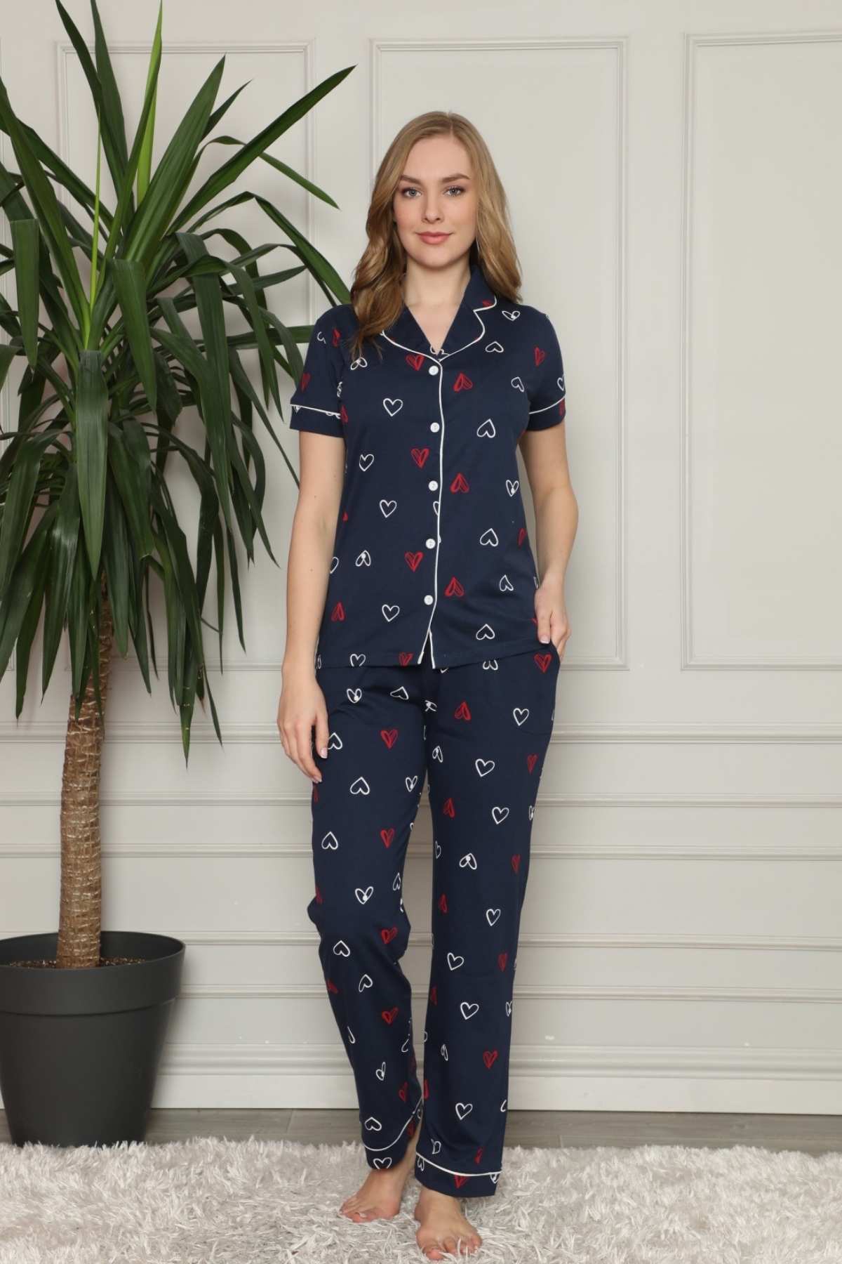 Önden Düğmeli Kadın Pijama Takımı - Lacivert Kalp Desenli Penye 2581KY
