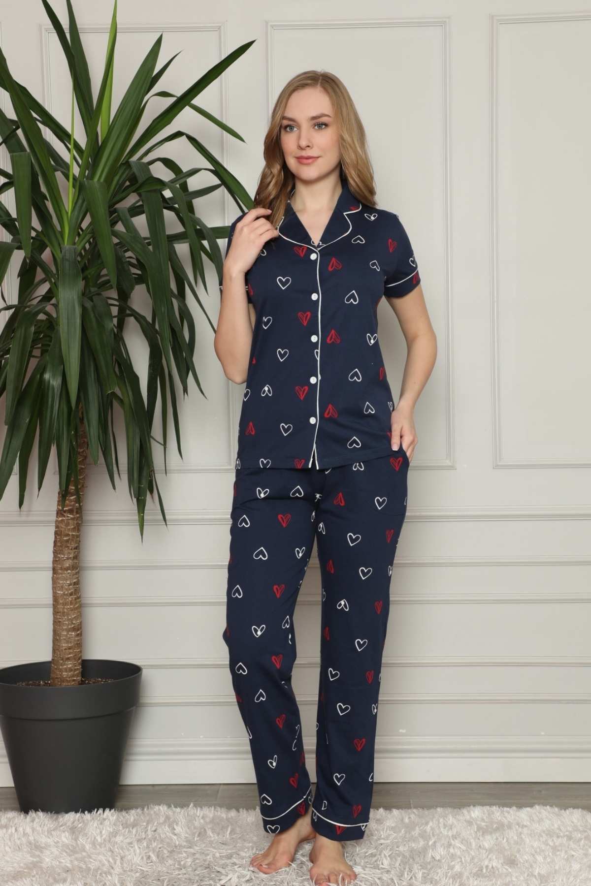Önden Düğmeli Kadın Pijama Takımı - Lacivert Kalp Desenli Penye 2581KY