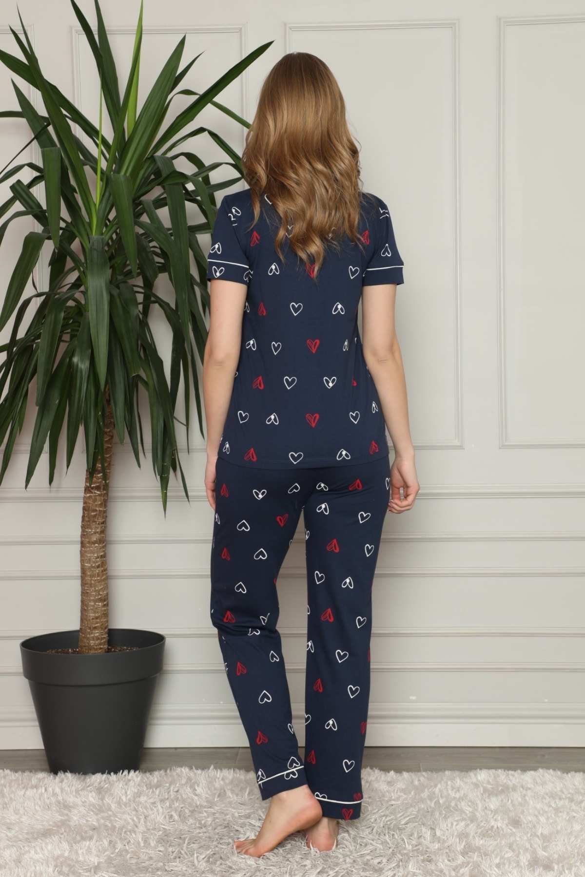 Önden Düğmeli Kadın Pijama Takımı - Lacivert Kalp Desenli Penye 2581KY