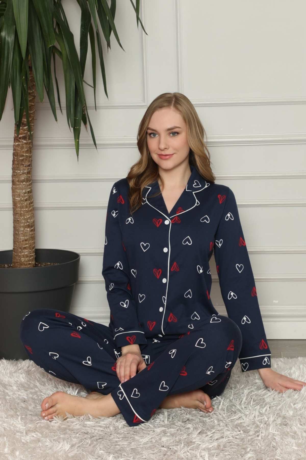 Önden Düğmeli Kadın Pijama Takımı - Lacivert Kalp Desenli Penye 2581UY