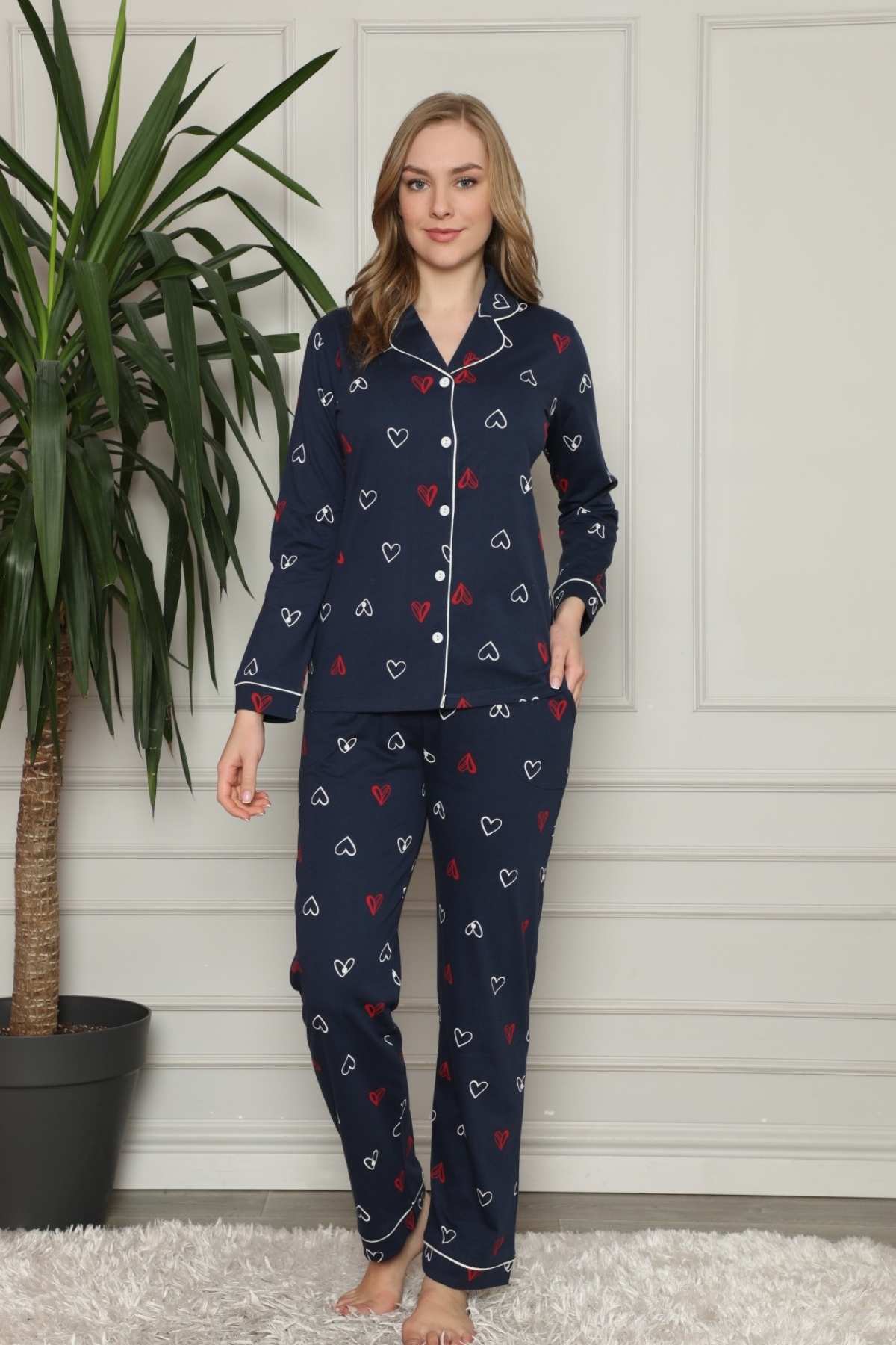 Önden Düğmeli Kadın Pijama Takımı - Lacivert Kalp Desenli Penye 2581UY