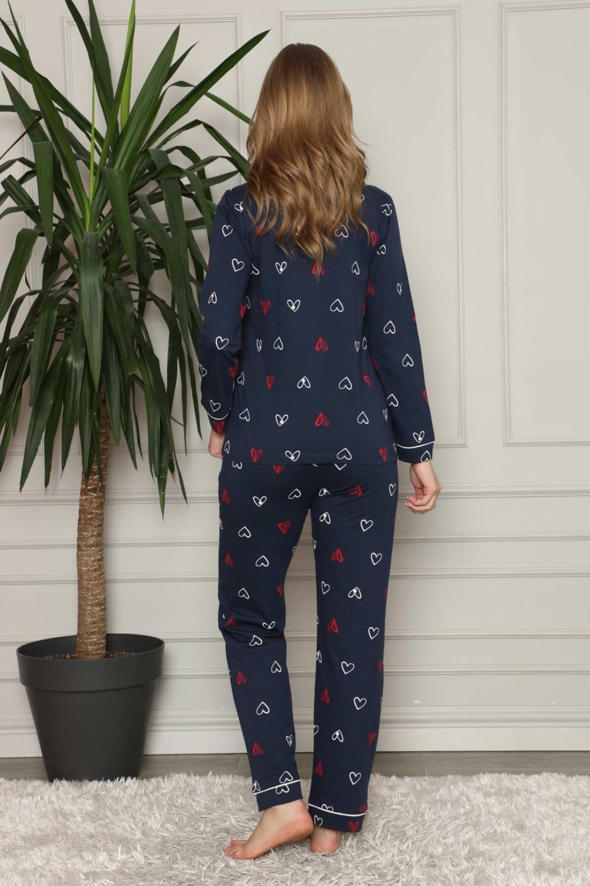 Önden Düğmeli Kadın Pijama Takımı - Lacivert Kalp Desenli Penye 2581UY