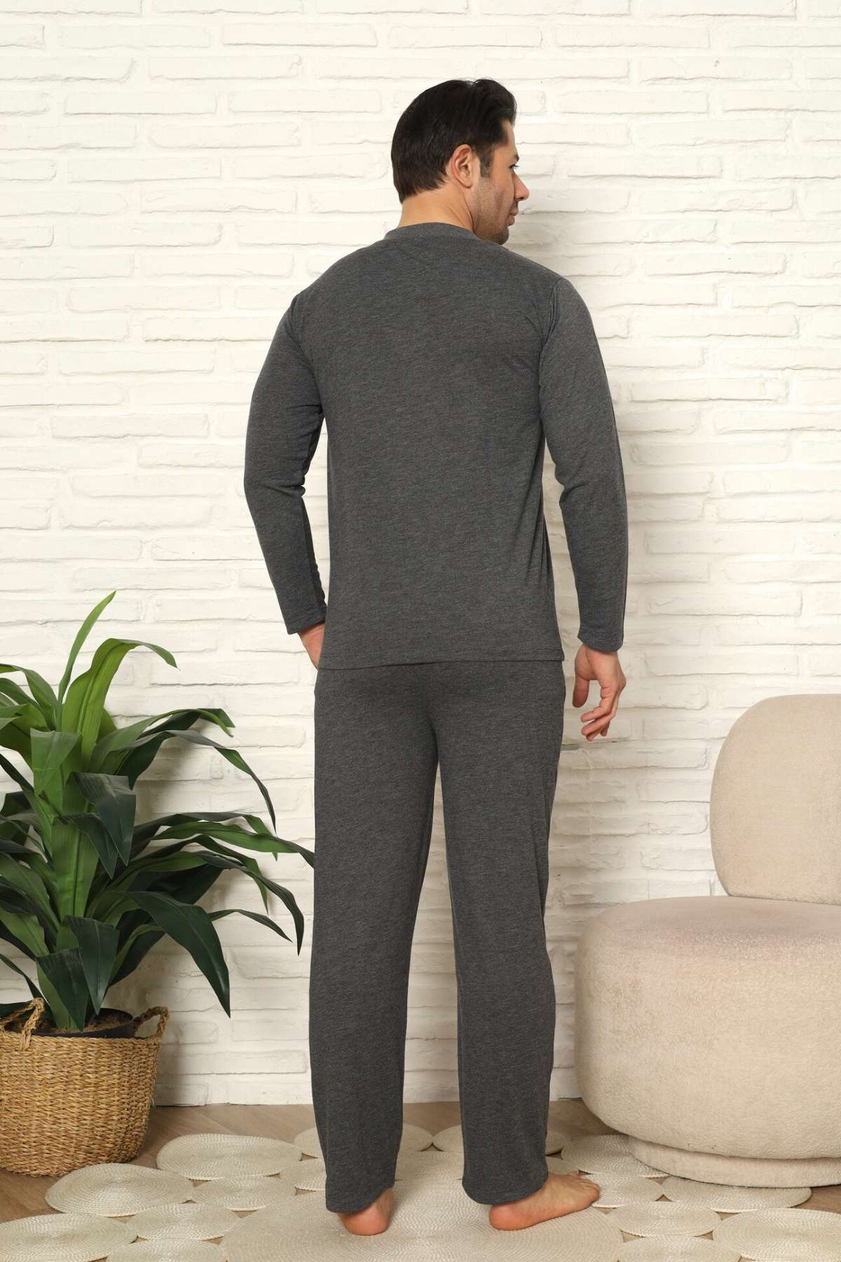 Erkek Pijama Takımı - Antrasit Nakışlı Uzun Kollu Penye 1102UY