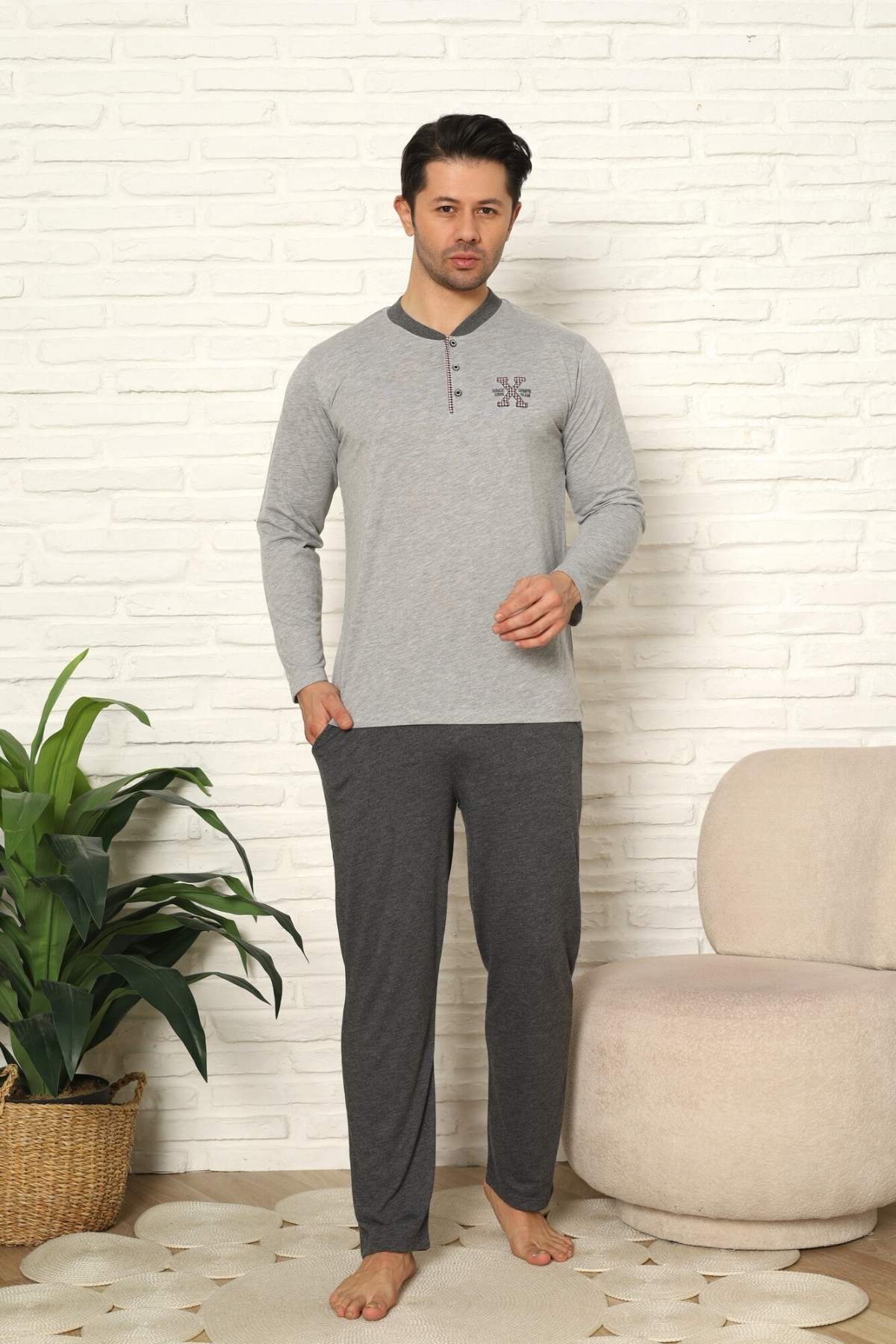 Erkek Pijama Takımı - Gri Nakışlı Uzun Kollu Penye 1102UY