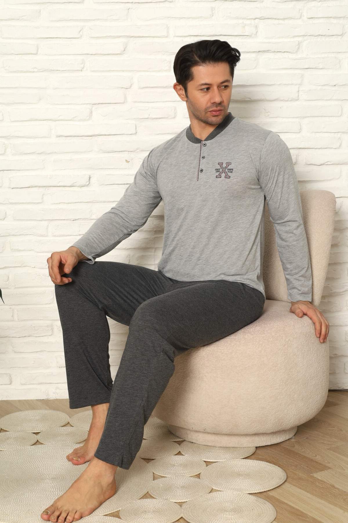 Erkek Pijama Takımı - Gri Nakışlı Uzun Kollu Penye 1102UY