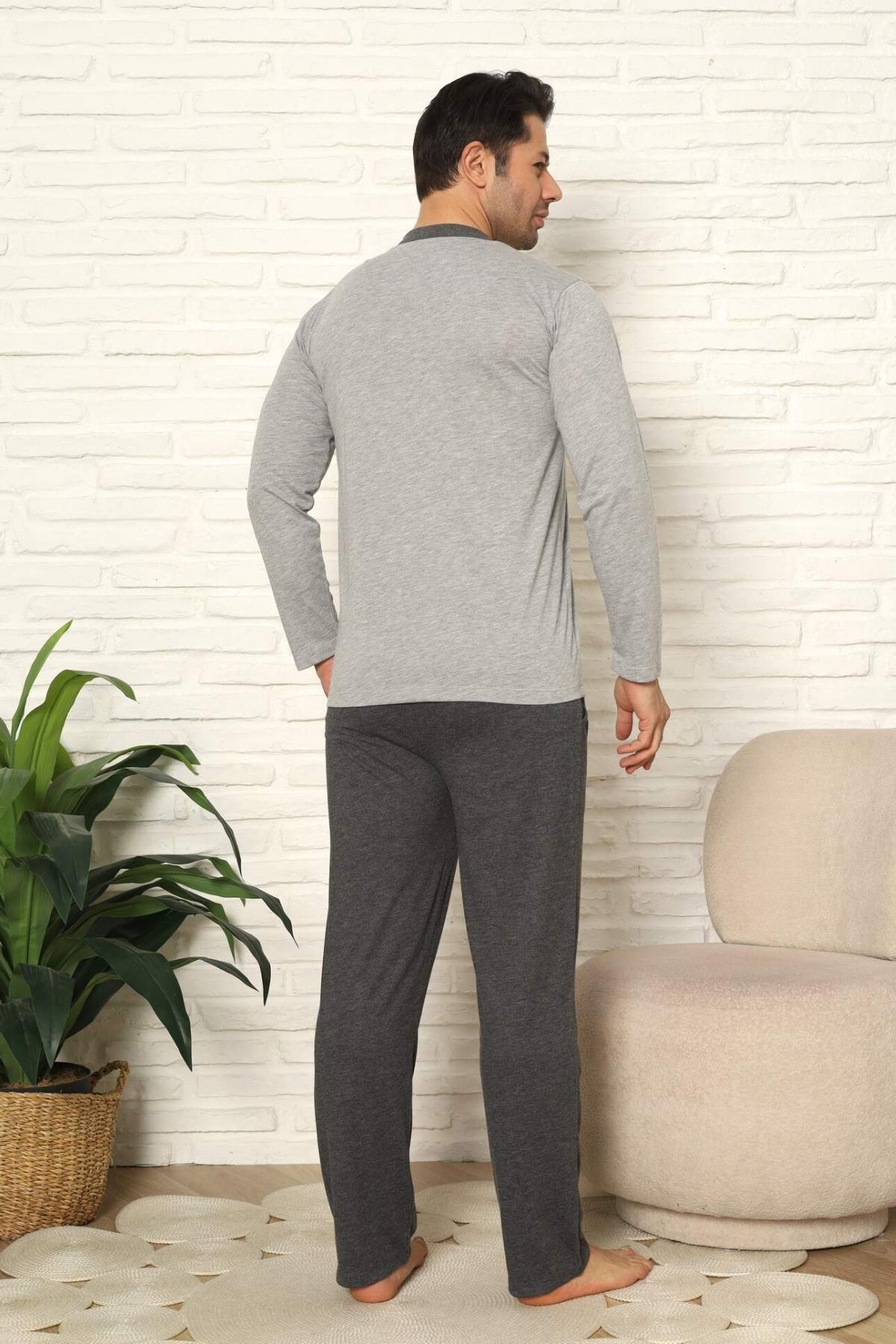 Erkek Pijama Takımı - Gri Nakışlı Uzun Kollu Penye 1102UY