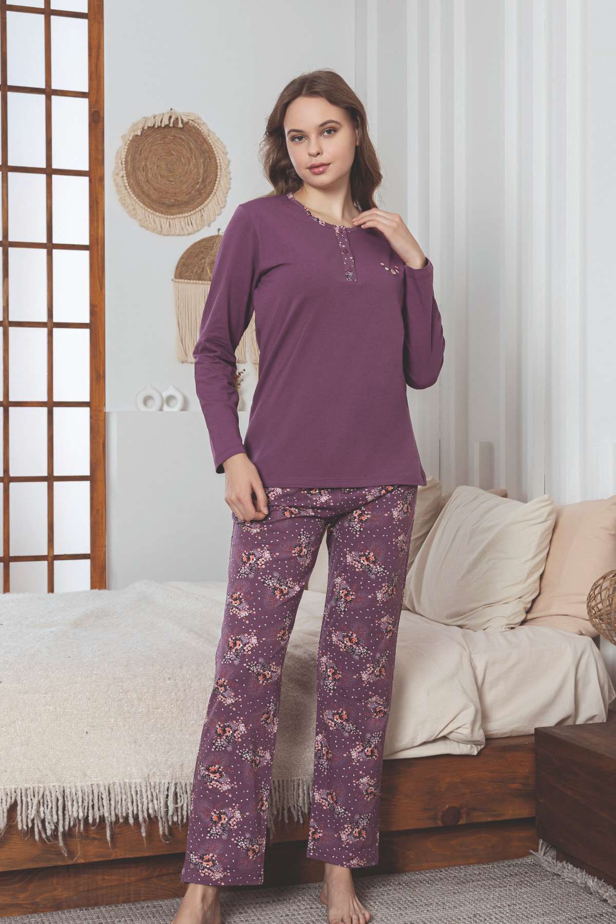 Kadın Pijama Takımı - Mürdüm Çiçek Desenli Uzun Kollu Likralı Pamuk 2892UKL