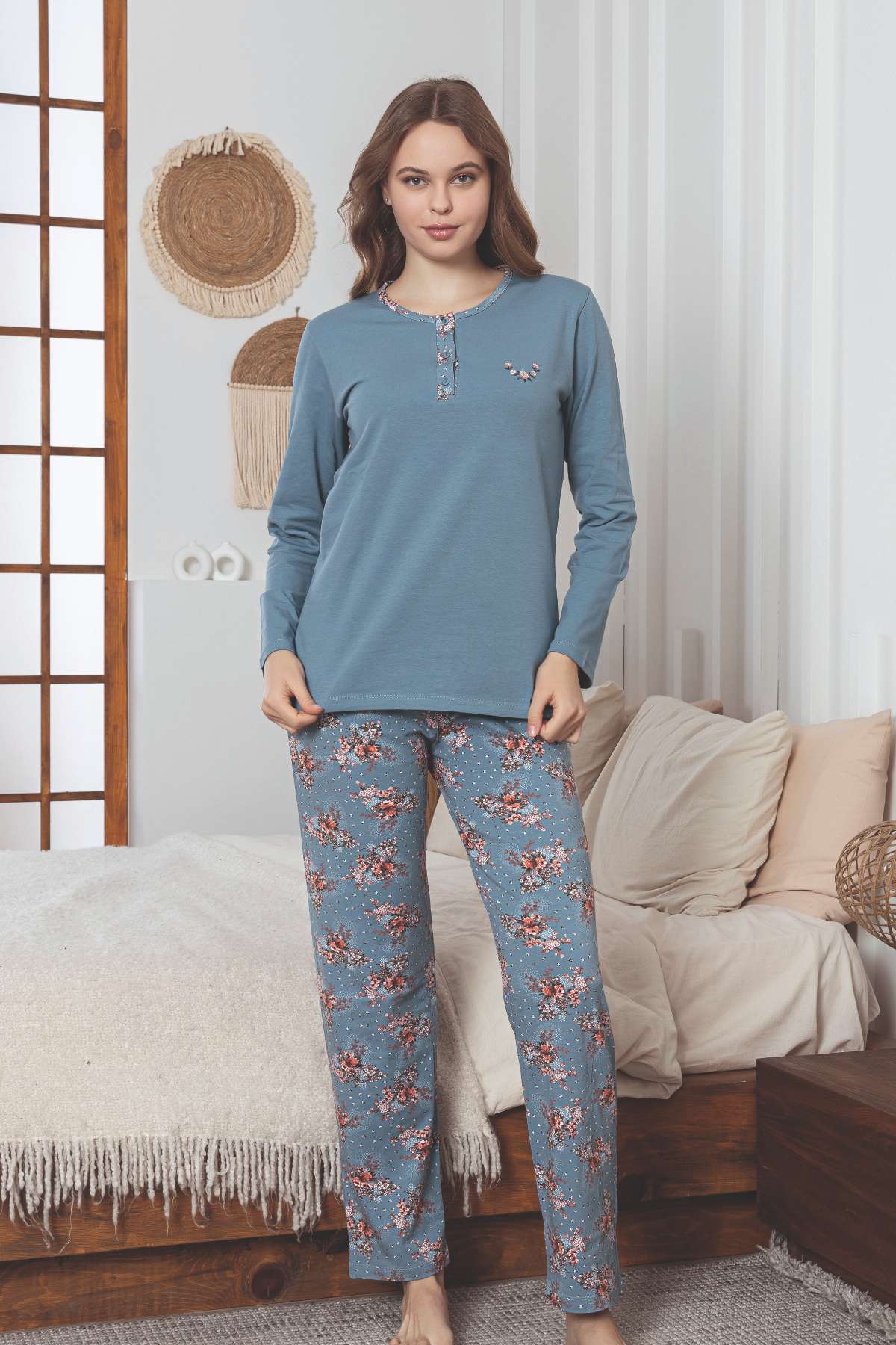 Kadın Pijama Takımı - İndigo Çiçek Desenli Uzun Kollu Likralı Pamuk 2892UKL