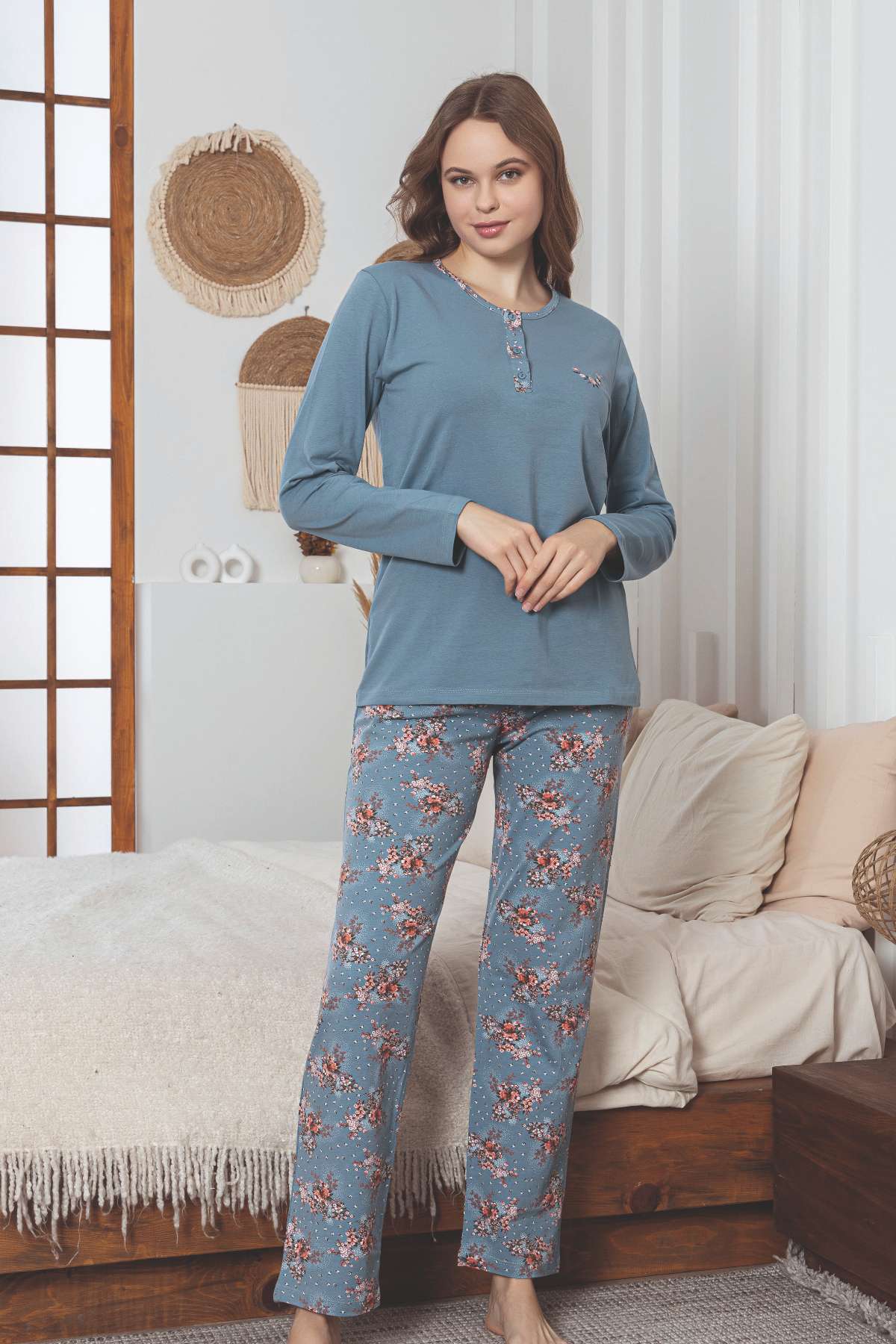 Kadın Pijama Takımı - İndigo Çiçek Desenli Uzun Kollu Likralı Pamuk 2892UKL