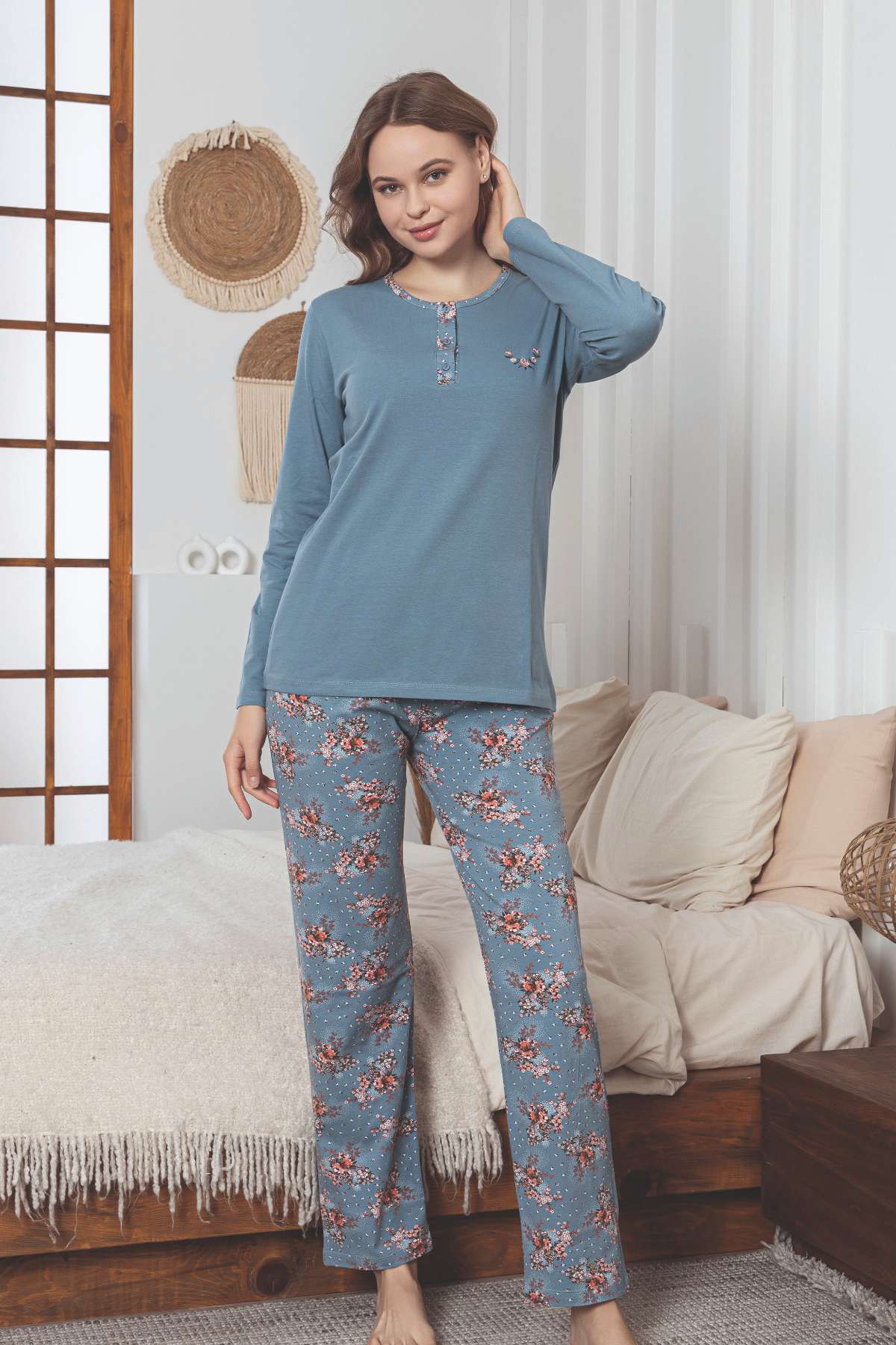 Kadın Pijama Takımı - İndigo Çiçek Desenli Uzun Kollu Likralı Pamuk 2892UKL