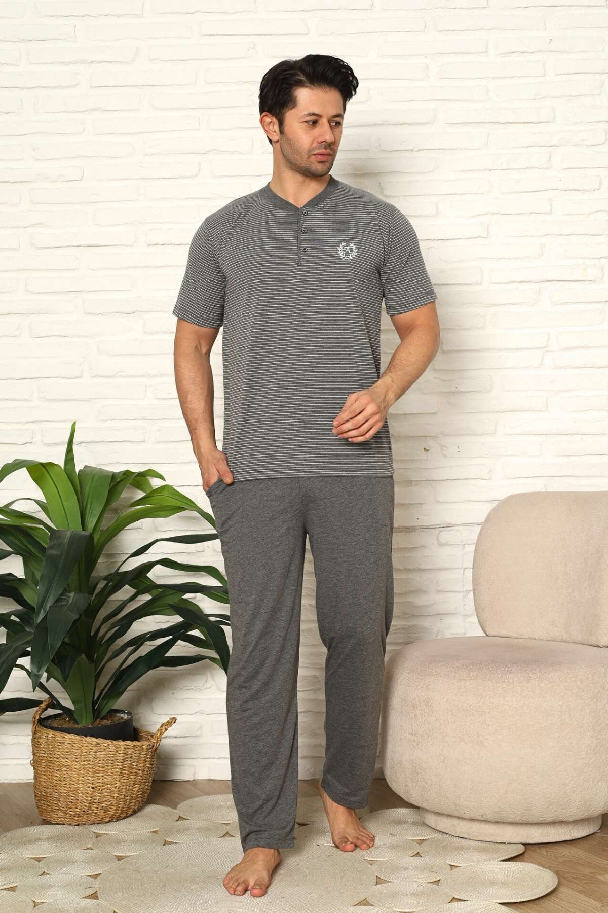 Erkek Pijama Takımı - Antrasit Çizgili Kısa Kollu Penye 1219KY