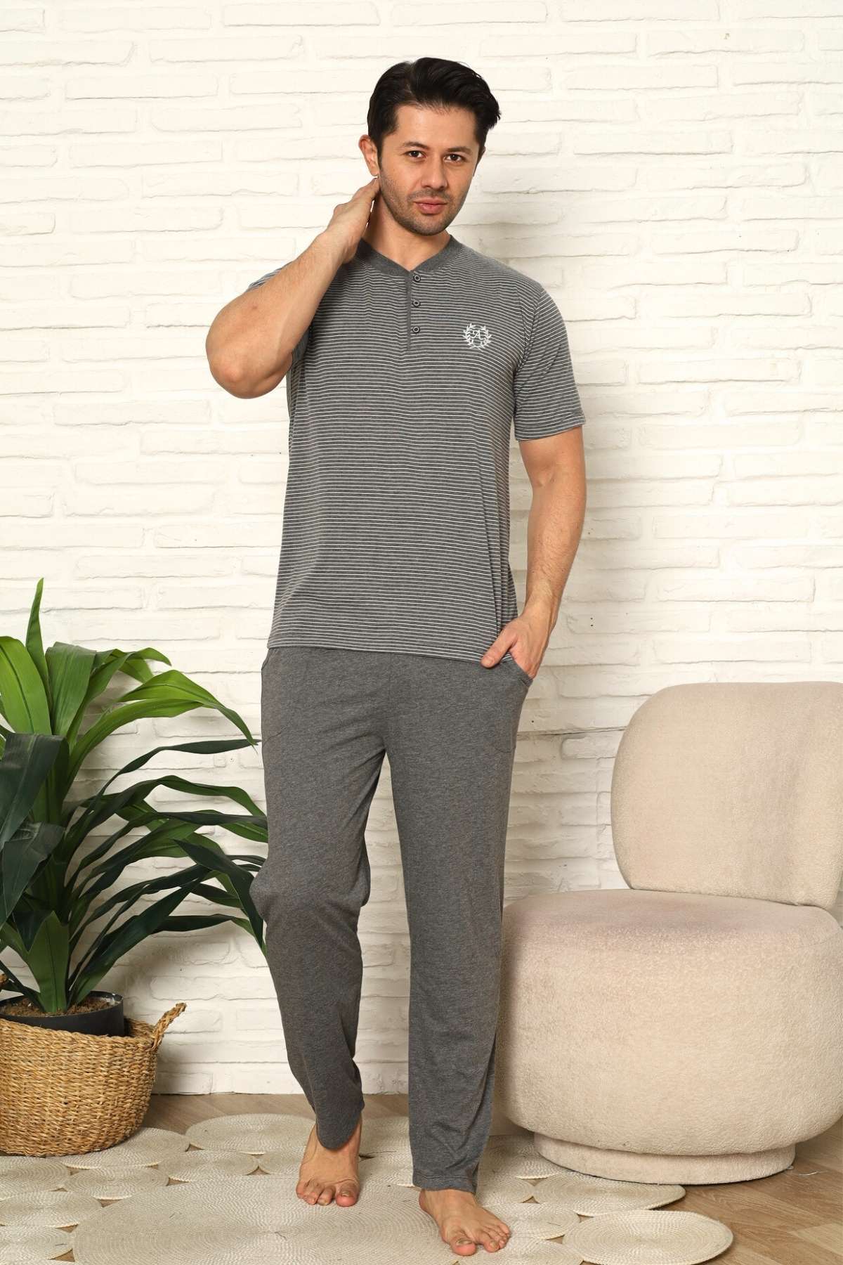 Erkek Pijama Takımı - Antrasit Çizgili Kısa Kollu Penye 1219KY