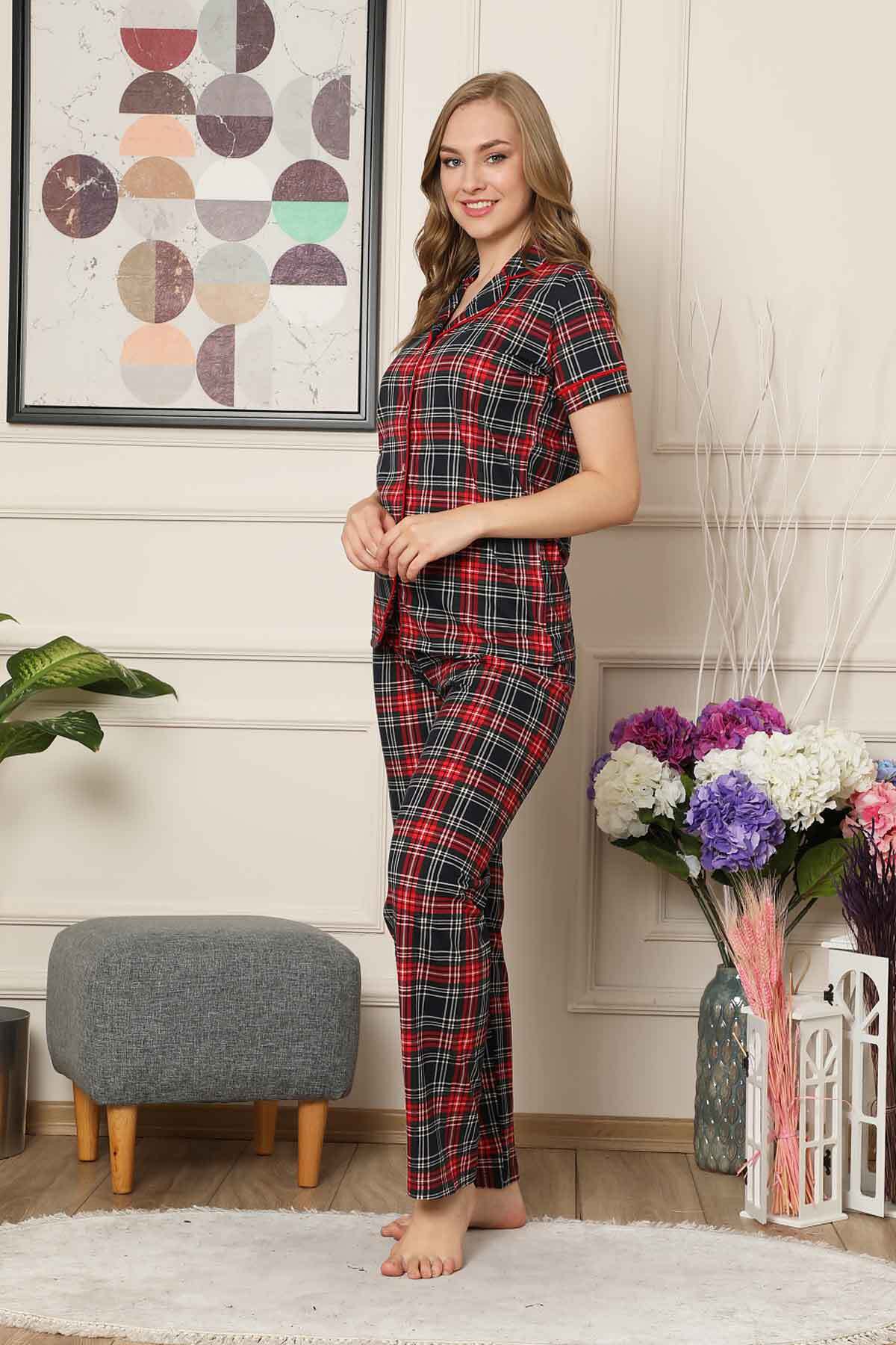 Bayan Pijama Takım - Ekoseli Önden Düğmeli  Penye Kısa Kollu 2523KY