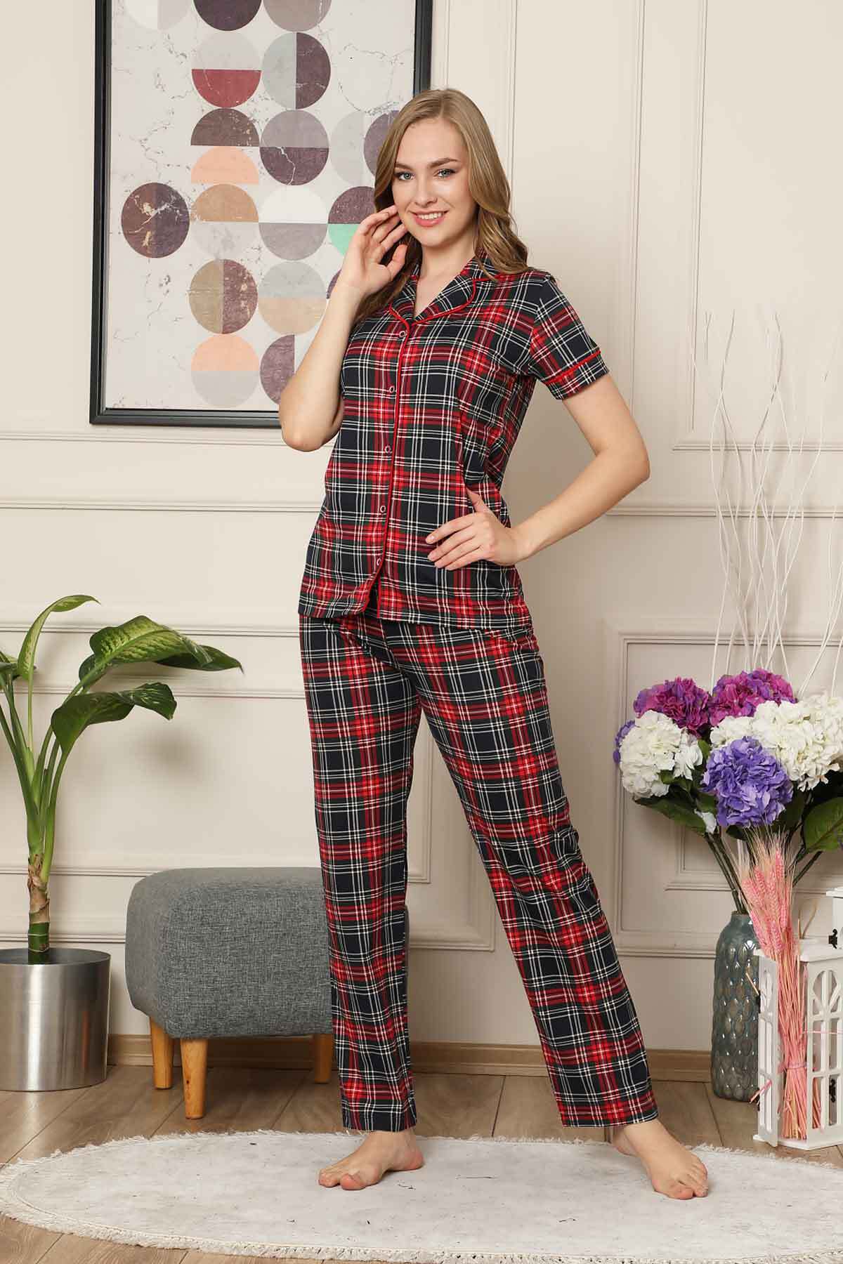 Bayan Pijama Takım - Ekoseli Önden Düğmeli  Penye Kısa Kollu 2523KY
