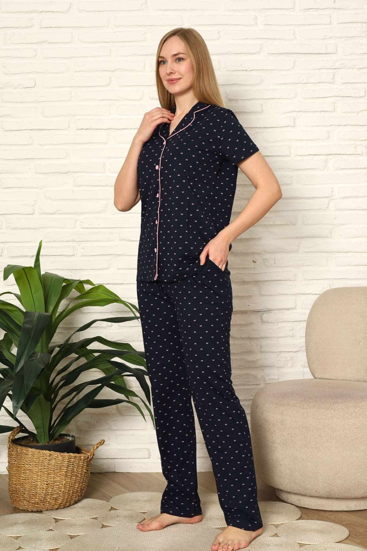 Bayan Pijama Takım - Fiyonk baskılı Önden Düğmeli  Penye 2802KY