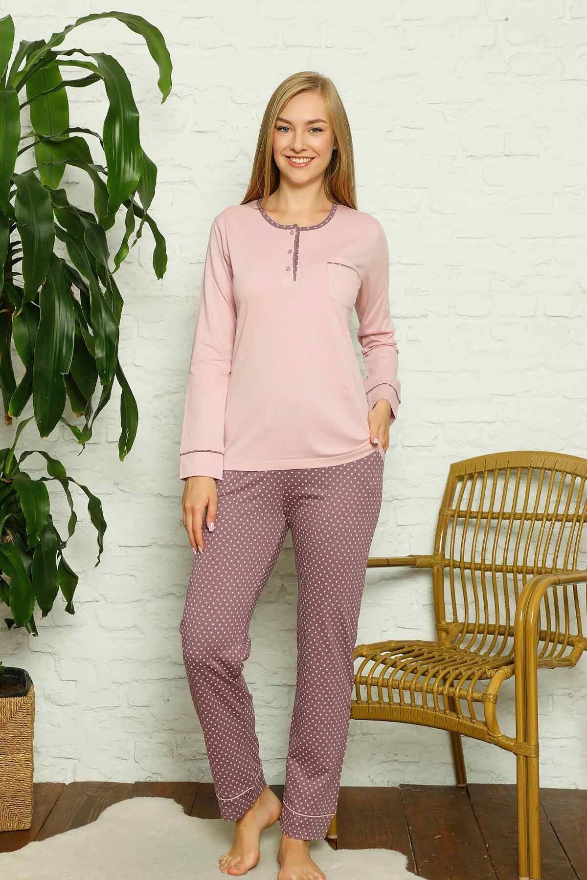 Kadın Pijama Takımı - Gül kurusu Puantiyeli Uzun Kollu Pamuk 2672UY
