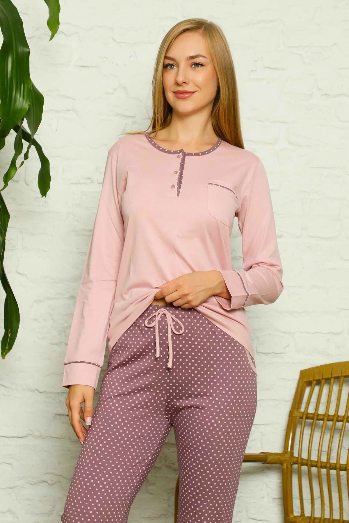 Kadın Pijama Takımı - Gül kurusu Puantiyeli Uzun Kollu Pamuk 2672UY