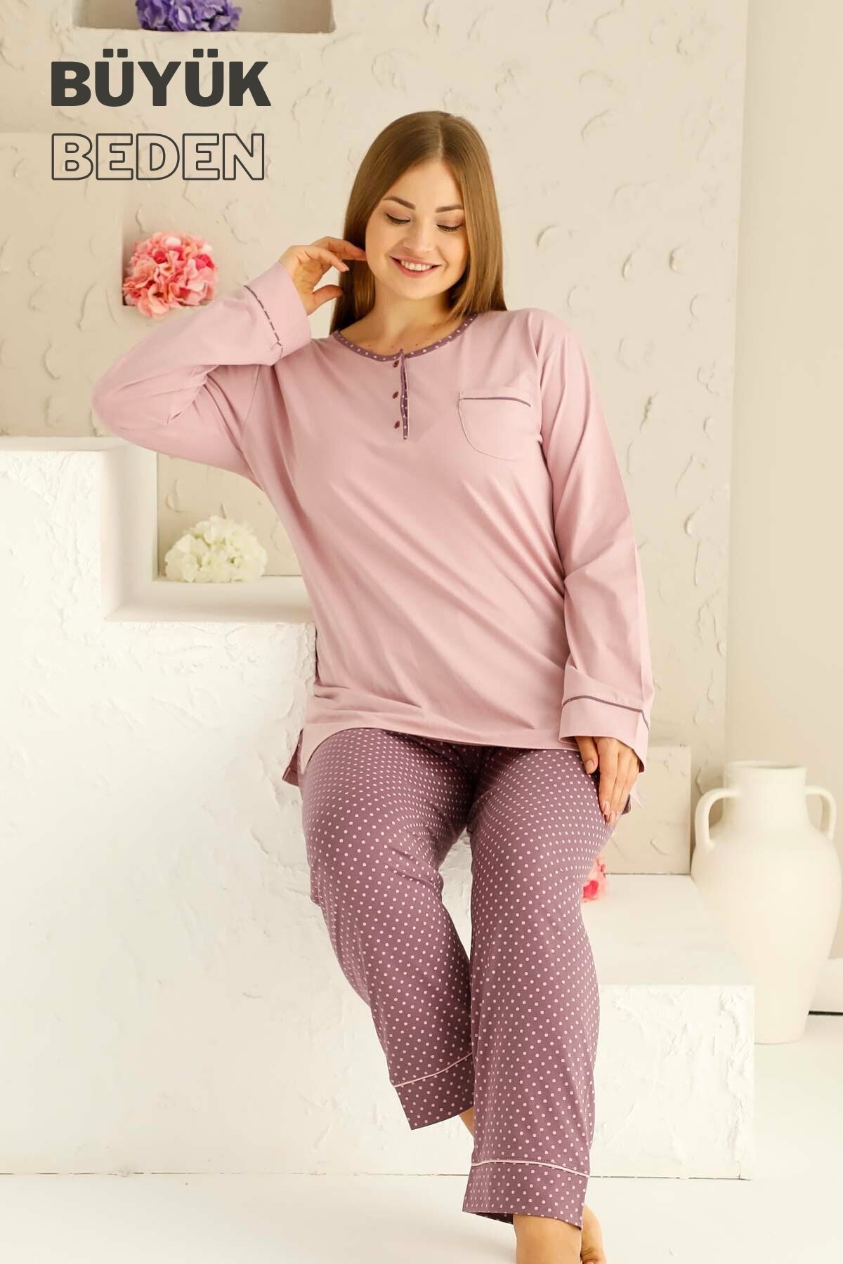 Büyük Beden Kadın Pijama Takımı - Gül kurusu Puantiyeli uzun kollu penye 2672UYB
