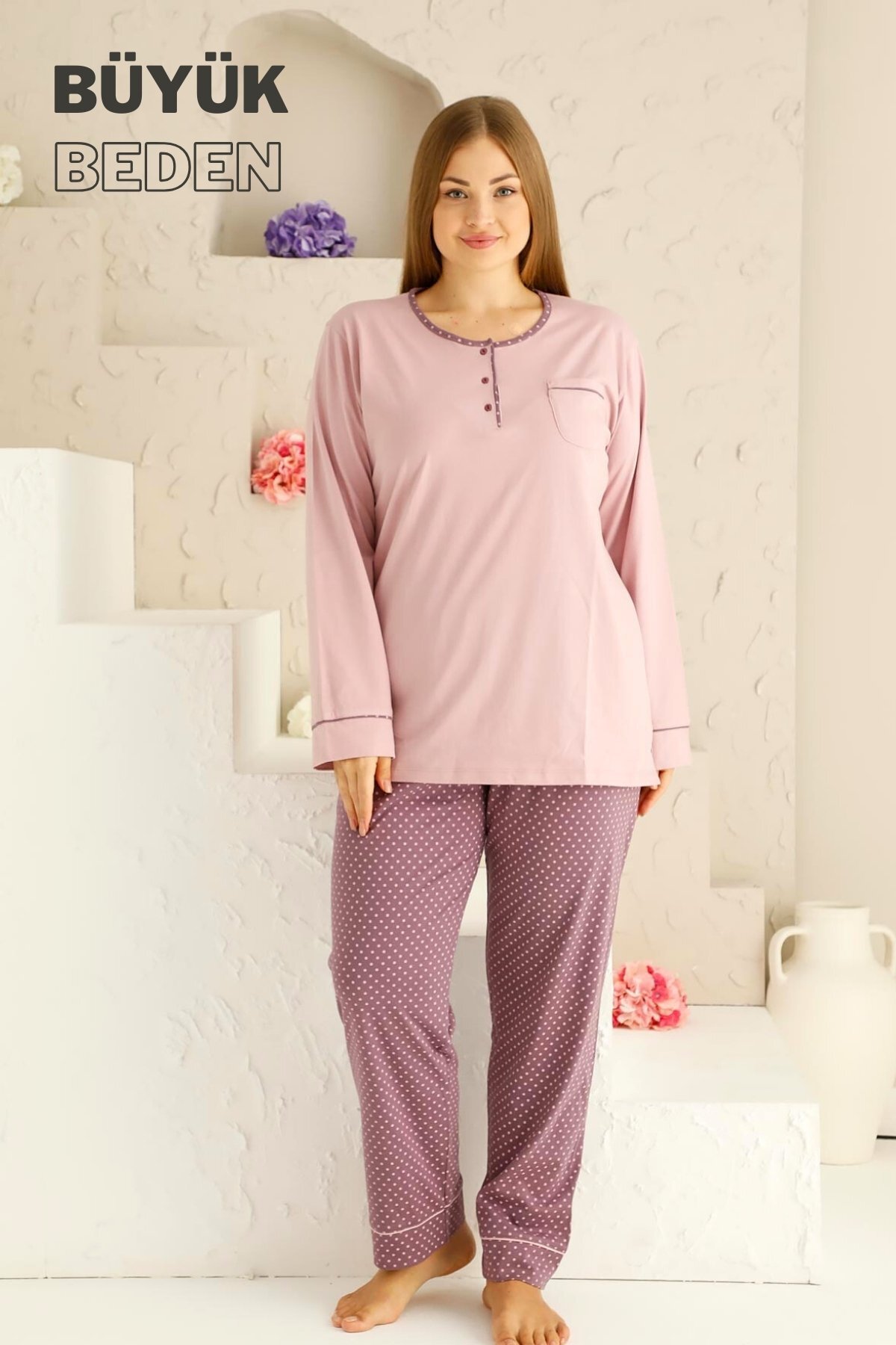 Büyük Beden Kadın Pijama Takımı - Gül kurusu Puantiyeli uzun kollu penye 2672UYB