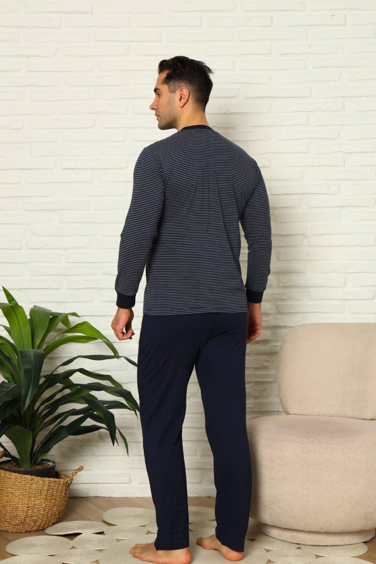 Erkek Pijama Takımı - Lacivert Çizgili Uzun Kollu Penye 1219UY