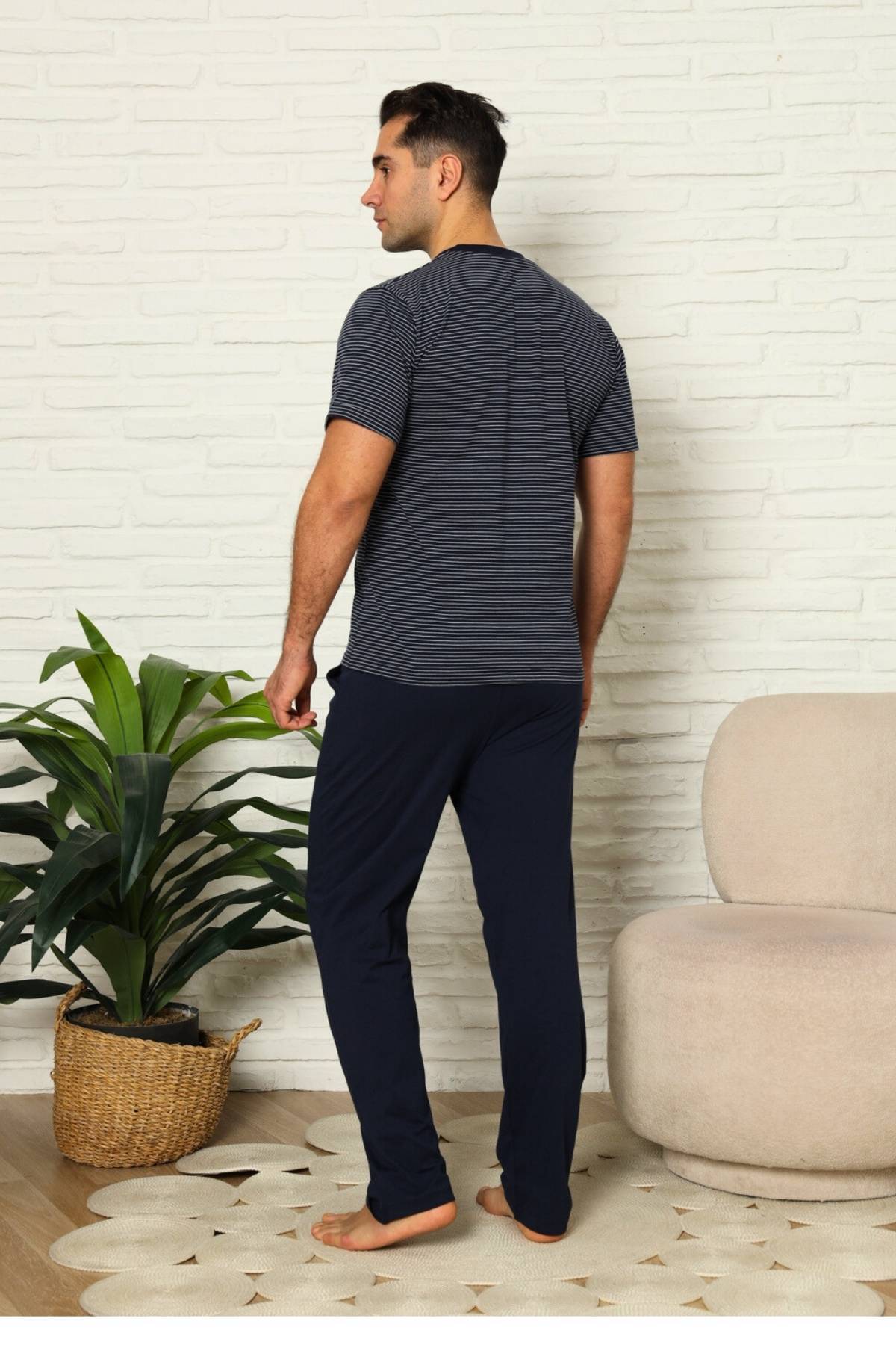 Erkek Pijama Takımı - Lacivert Çizgili Kısa Kollu Penye 1219KY