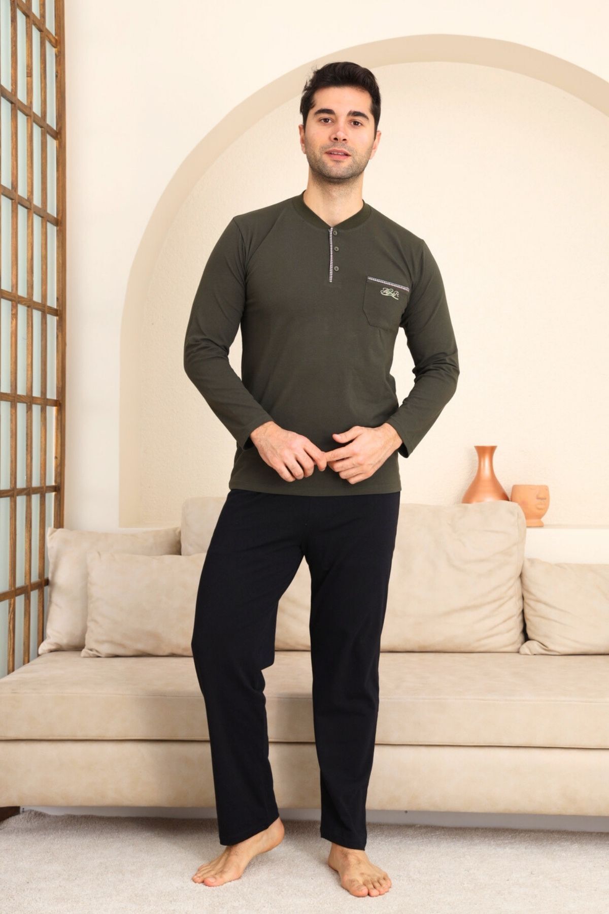 Erkek Pijama Takımı - Yeşil Arma Nakışlı Likralı Uzun Kollu Penye 1194UY