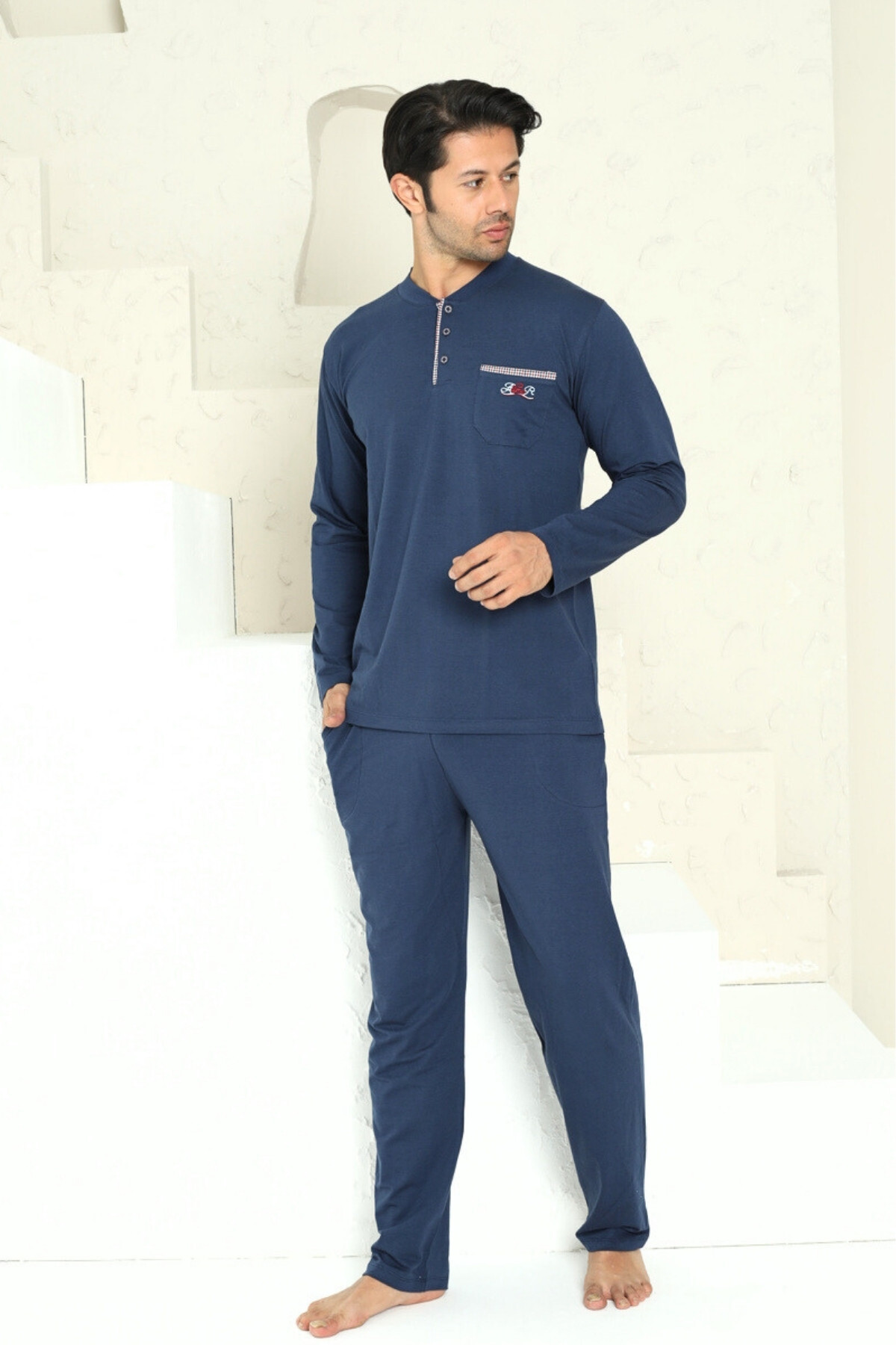 Erkek Pijama Takımı - İndigo Arma Nakışlı Likralı Uzun Kollu Penye 1194UY