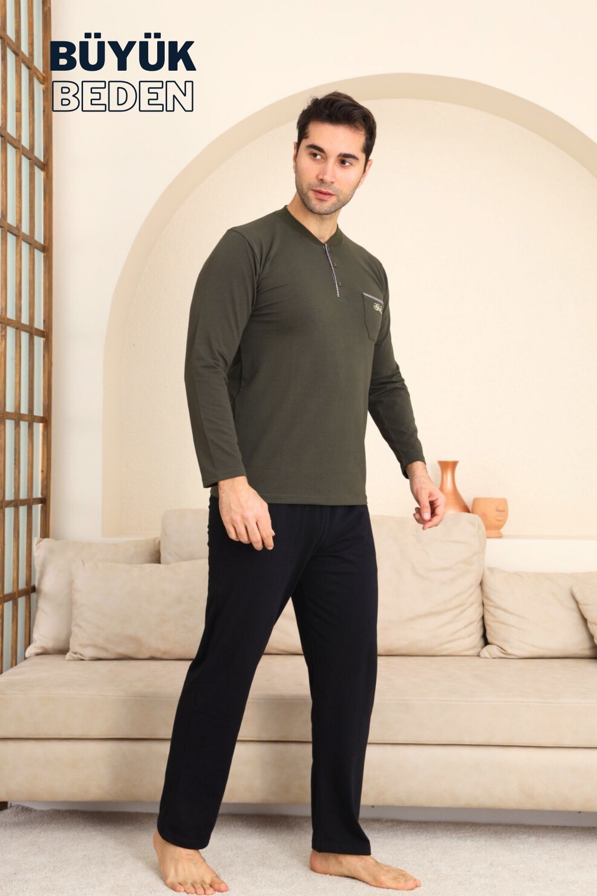 Büyük Beden Erkek Pijama Takımı - Yeşil Arma Nakışlı Likralı Penye 1194UYB