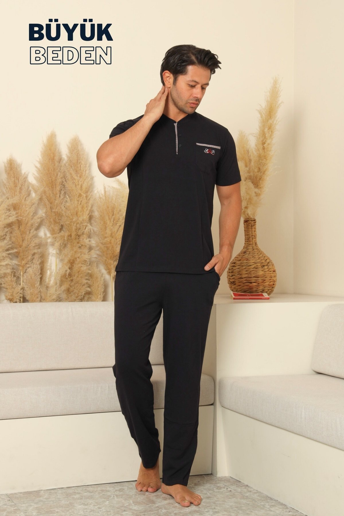 Büyük Beden Erkek Pijama Takımı - Siyah Arma Nakışlı Likralı Penye 1194KYB