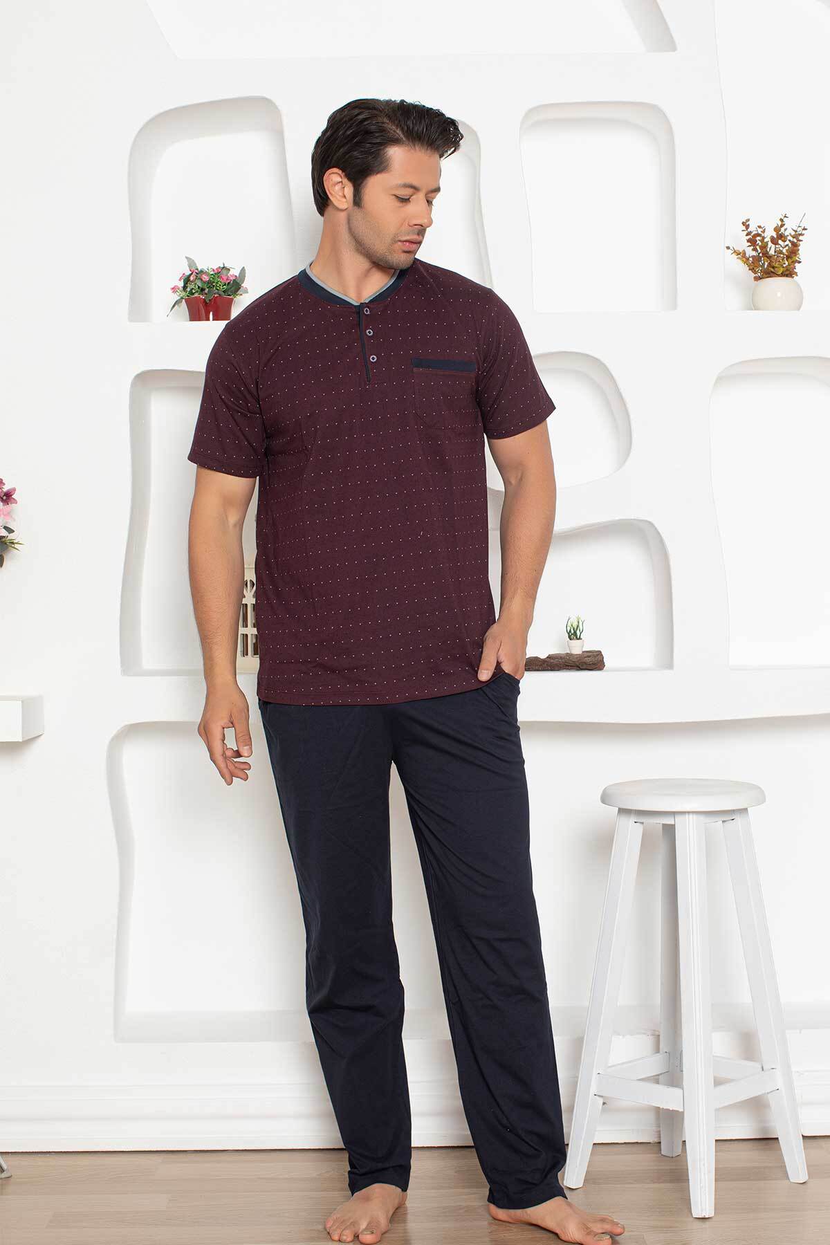Erkek Pijama Takımı - Bordo Mini Puan Desen Penye Kısa Kollu 1204KY