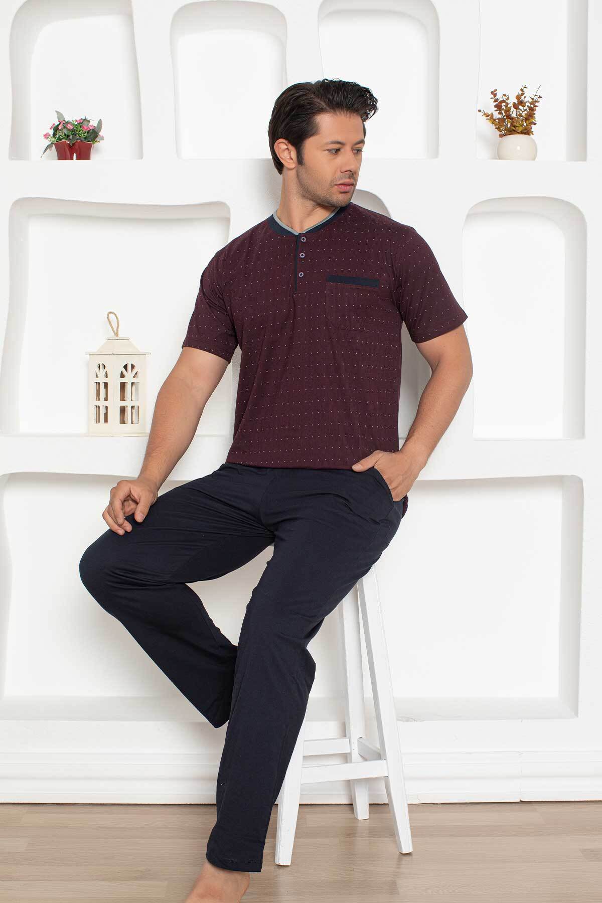 Erkek Pijama Takımı - Bordo Mini Puan Desen Penye Kısa Kollu 1204KY