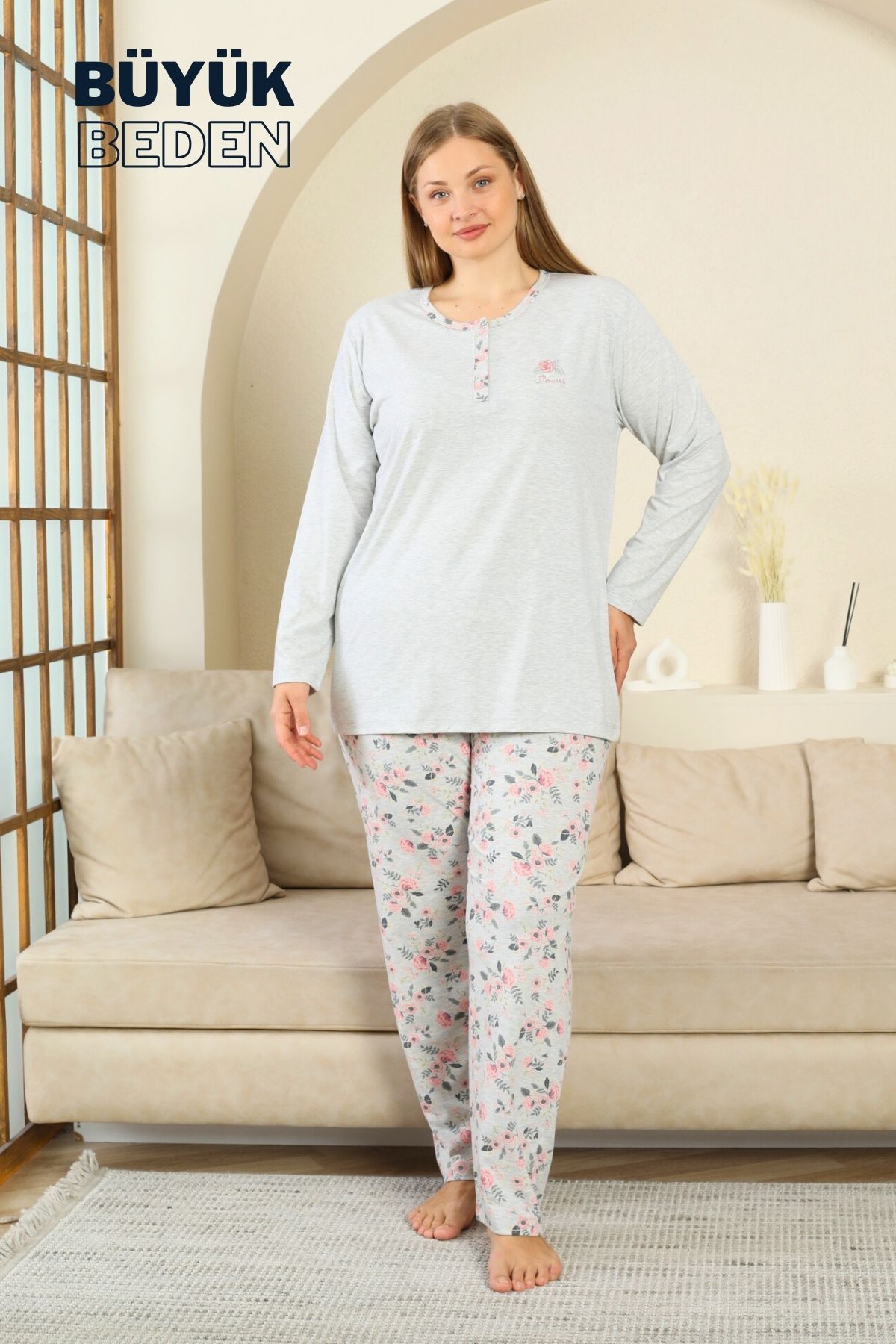 Büyük Beden Kadın Pijama Takımı - Gül Desenli Uzun Kollu  Penye 2875UYB