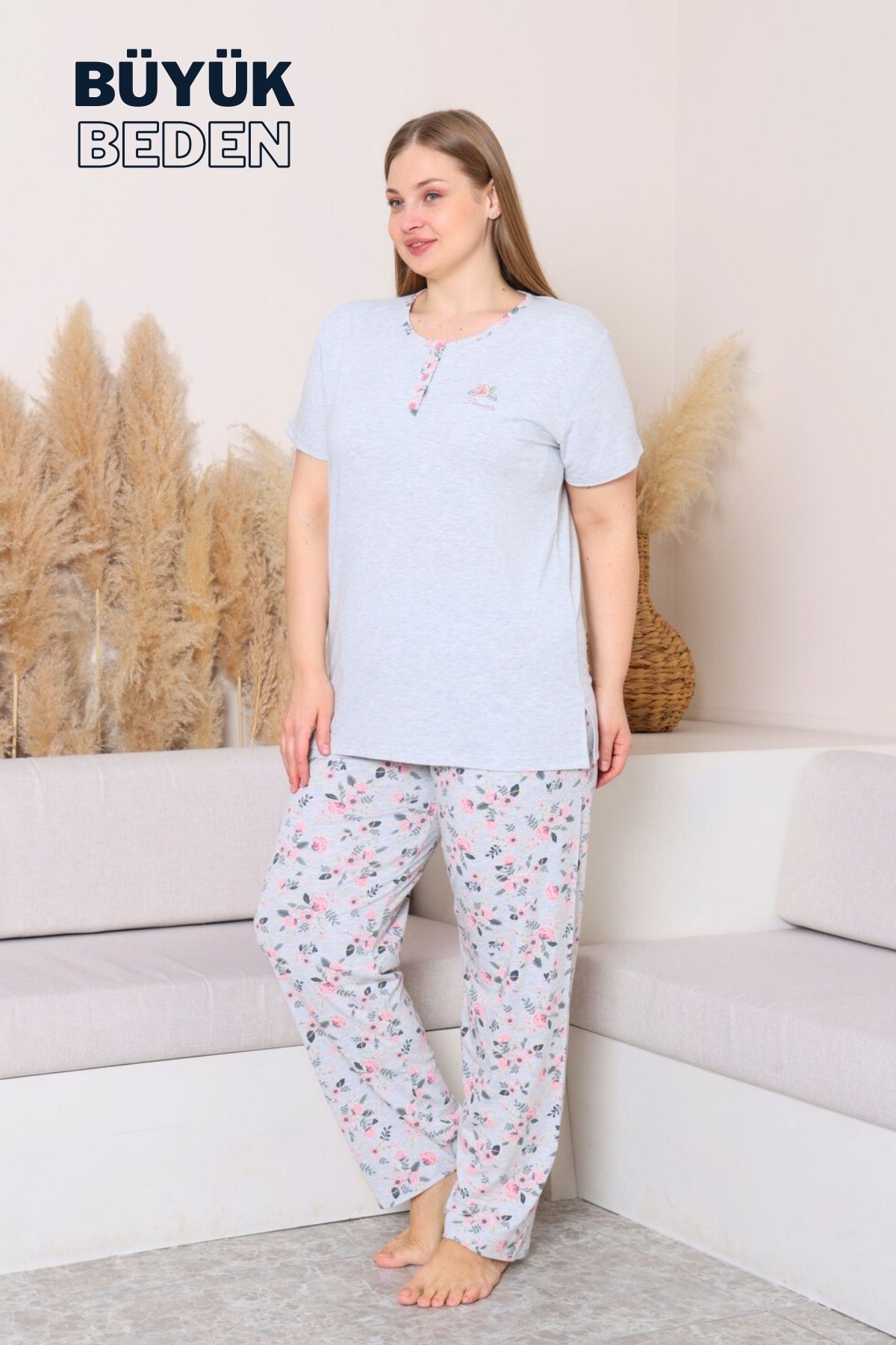 Büyük Beden Kadın Pijama Takımı - Gül Desenli Kısa Kollu  Penye 2875KYB