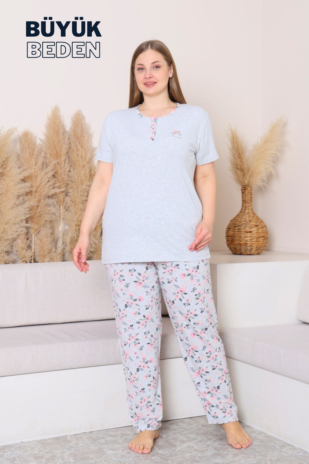 Büyük Beden Kadın Pijama Takımı - Gül Desenli Kısa Kollu  Penye 2875KYB