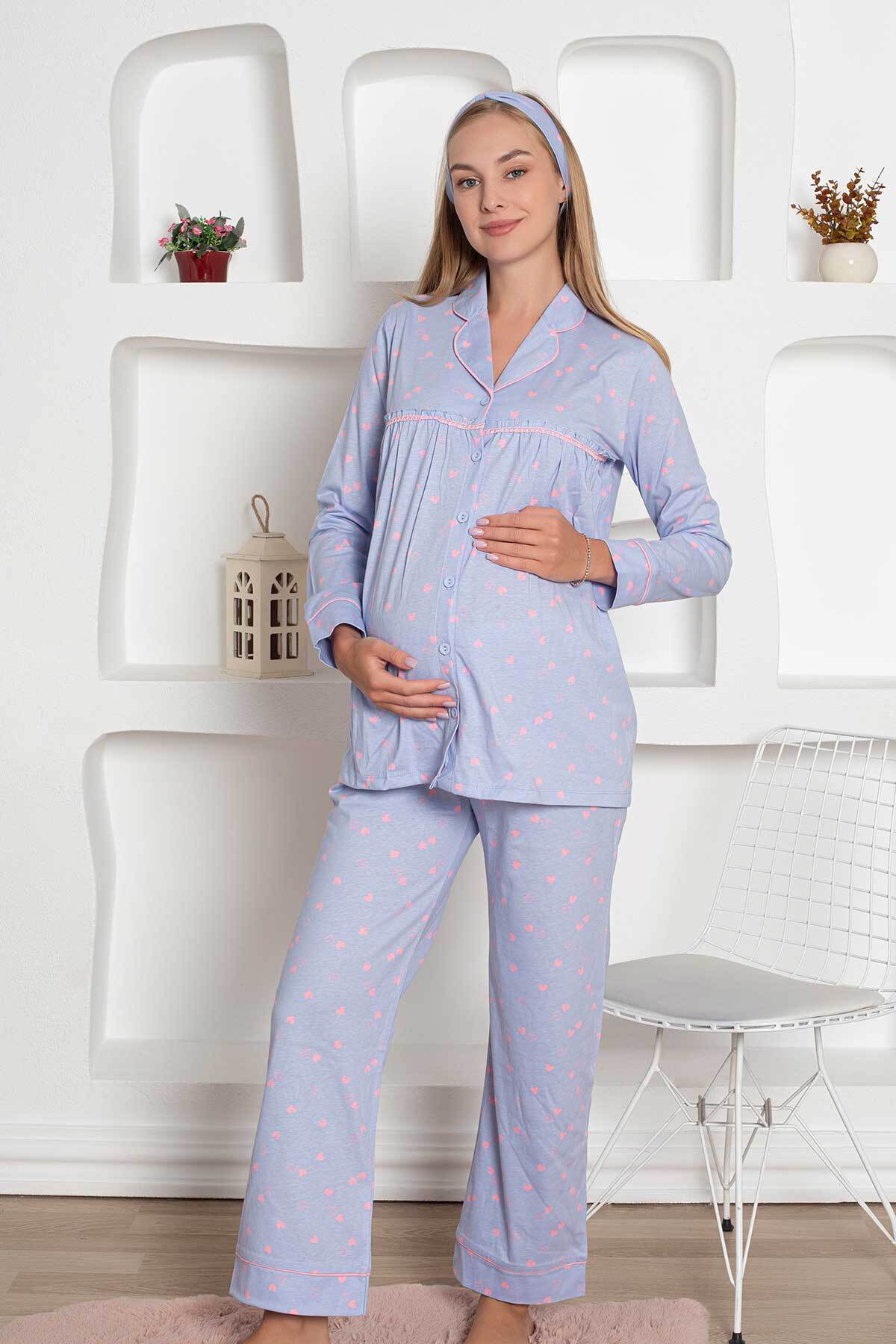 Hamile Lohusa Pijama Takımı - Mavi Kalpli Saç Bantlı Uzun Kollu Penye 2796