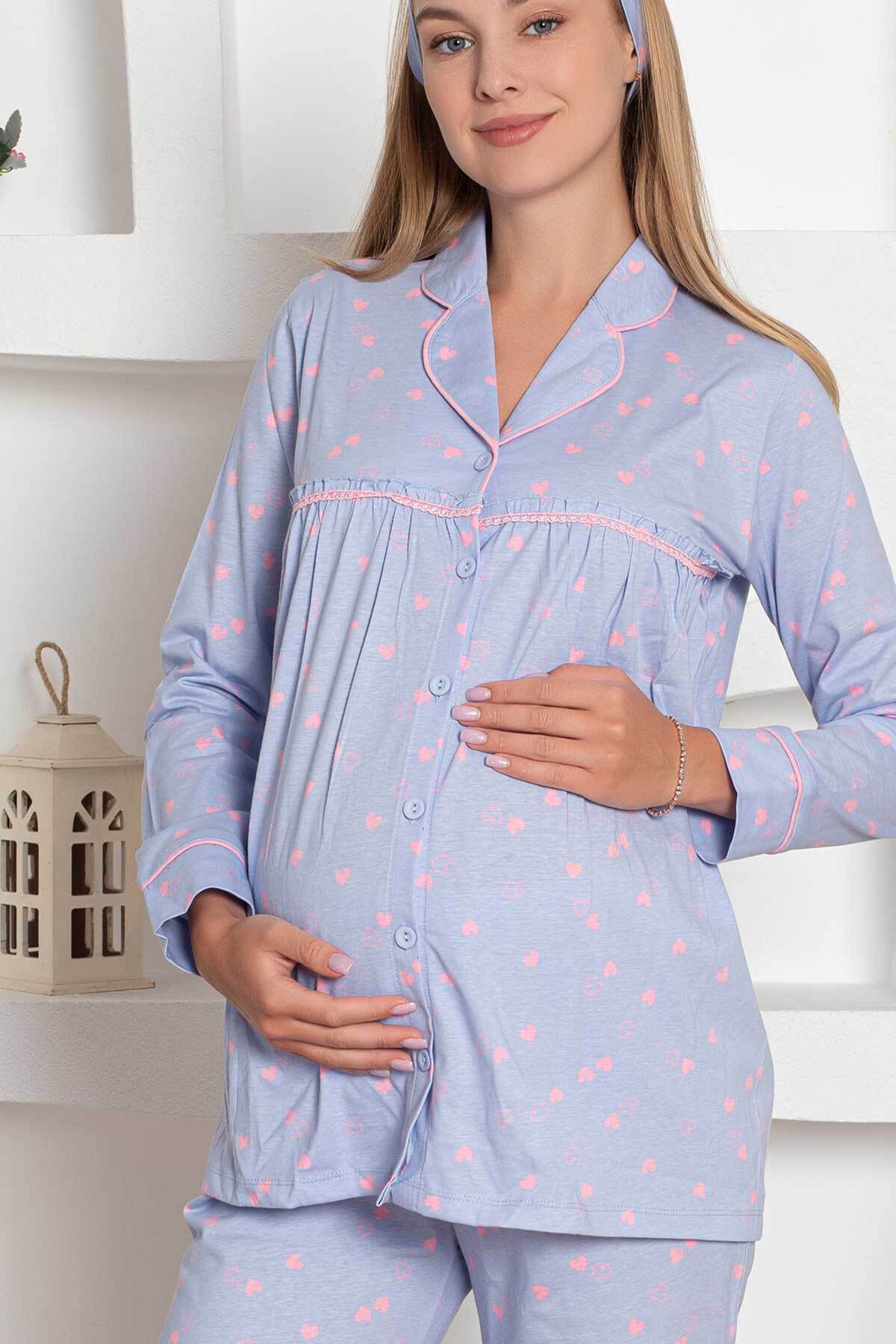 Pregnant Nursing/Postpartum Pijama Set - Blue Heart Hair Tape Long Sleeves Combed Cotton 2796 9 From Turkey Pregnant Nursing/Postpartum Pijama Set - Blue Heart Hair Tape Long Sleeves Combed Cotton 2796 detail view