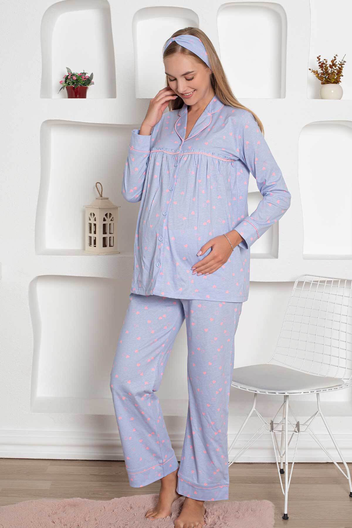 Hamile Lohusa Pijama Takımı - Mavi Kalpli Saç Bantlı Uzun Kollu Penye 2796