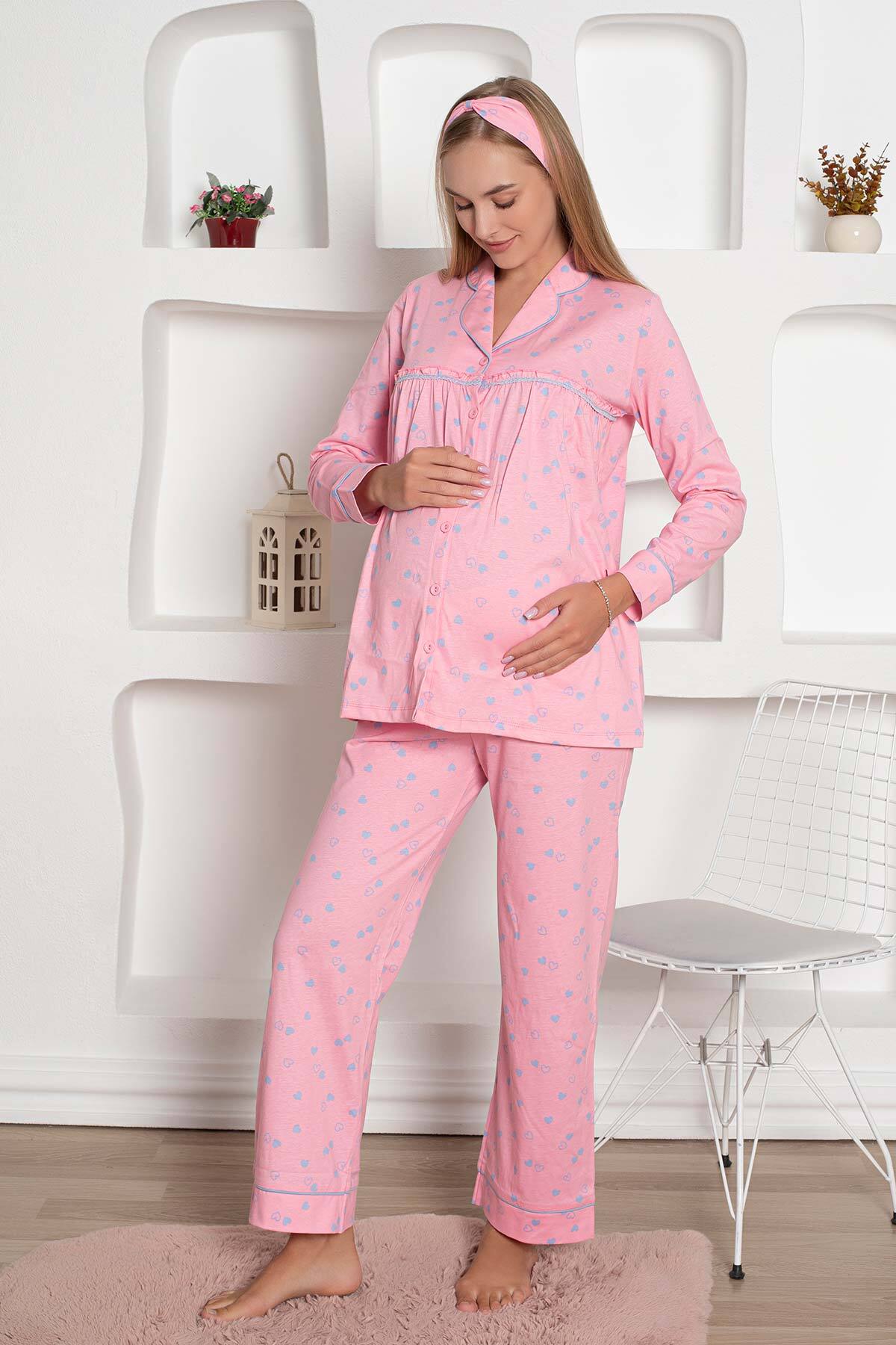 Hamile Lohusa Pijama Takımı - Pembe Kalpli Saç Bantlı Uzun Kollu Penye 2796