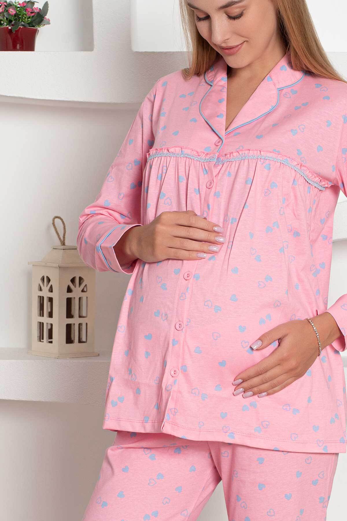 Pregnant Nursing/Postpartum Pijama Set - Long Sleeves Combed Cotton With Pink Heart Hair Tape 2796 9 From Turkey Pregnant Nursing/Postpartum Pijama Set - Long Sleeves Combed Cotton With Pink Heart Hair Tape 2796 detail view