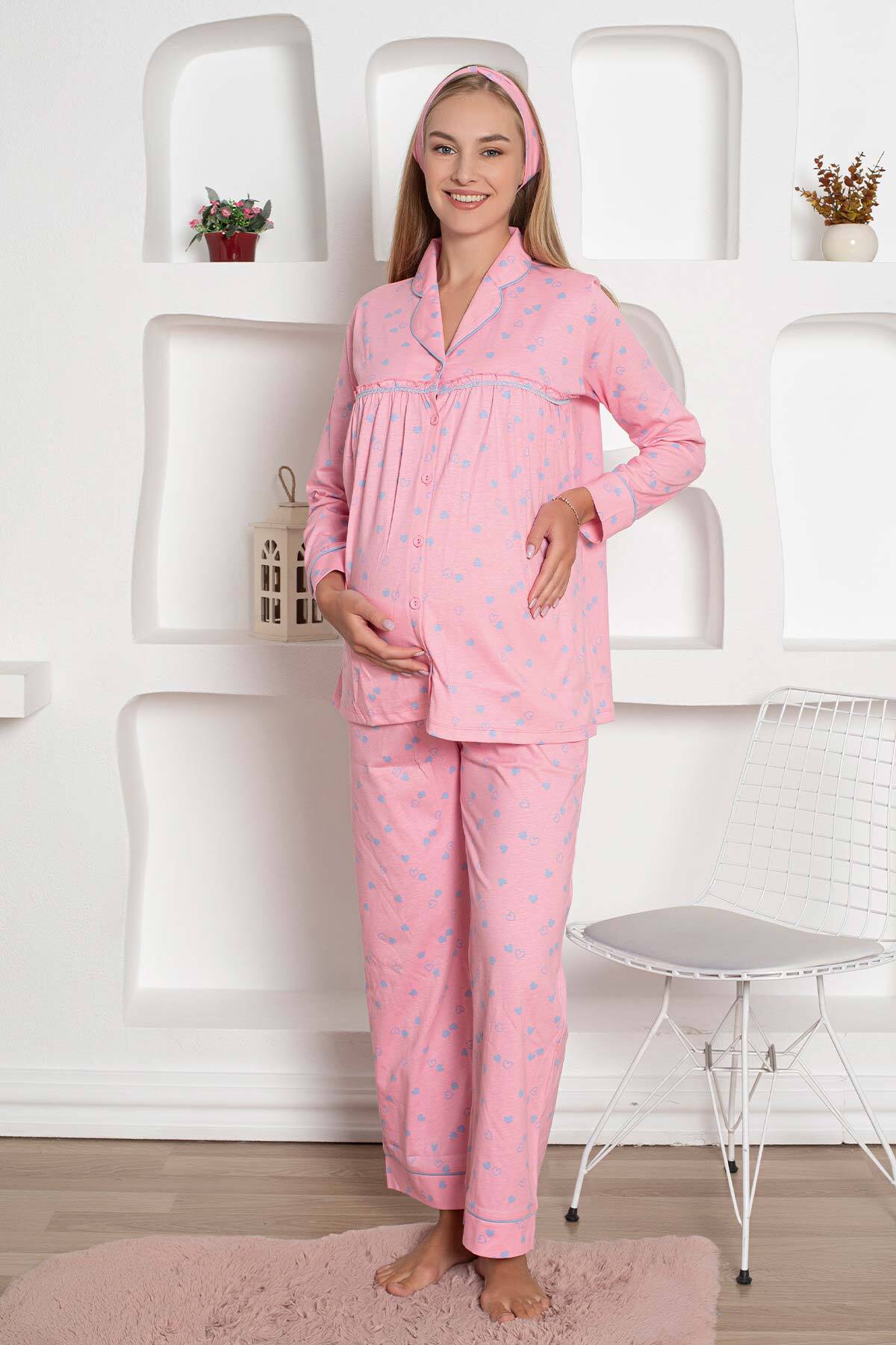 Hamile Lohusa Pijama Takımı - Pembe Kalpli Saç Bantlı Uzun Kollu Penye 2796