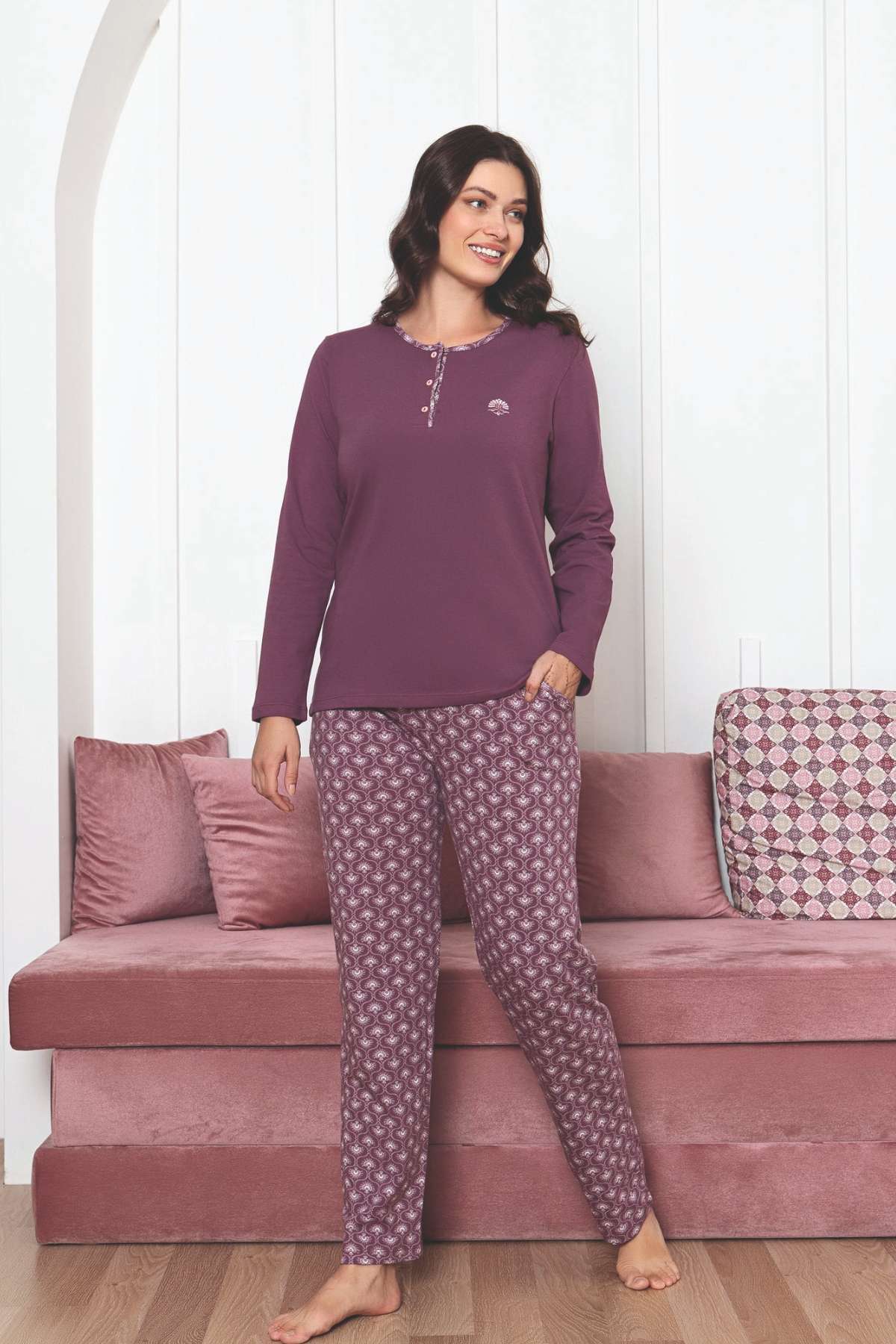 Kadın Pijama Takımı - Gülkurusu Uzun Kollu Likralı Pamuk 2890UKL