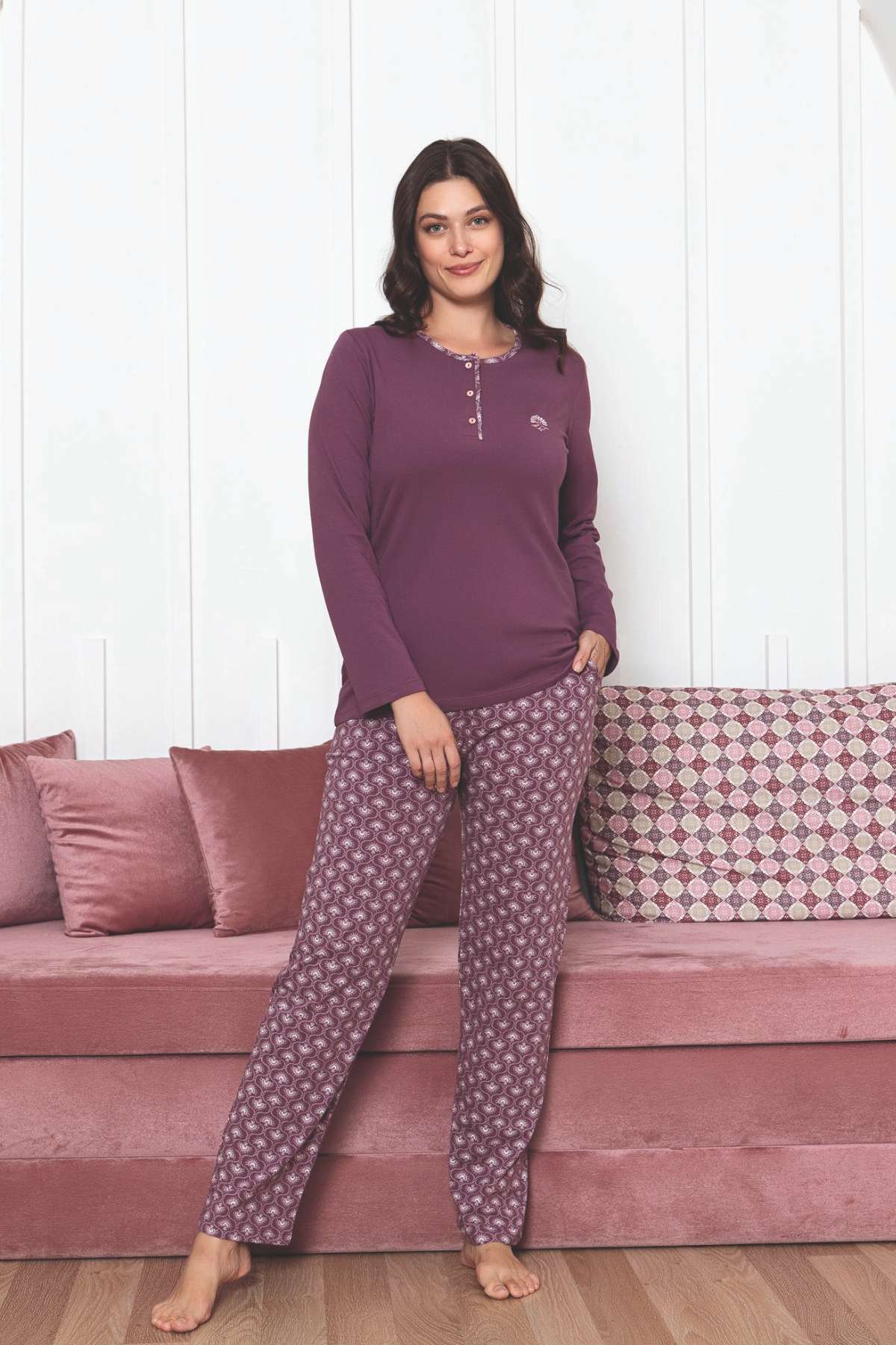 Kadın Pijama Takımı - Gülkurusu Uzun Kollu Likralı Pamuk 2890UKL