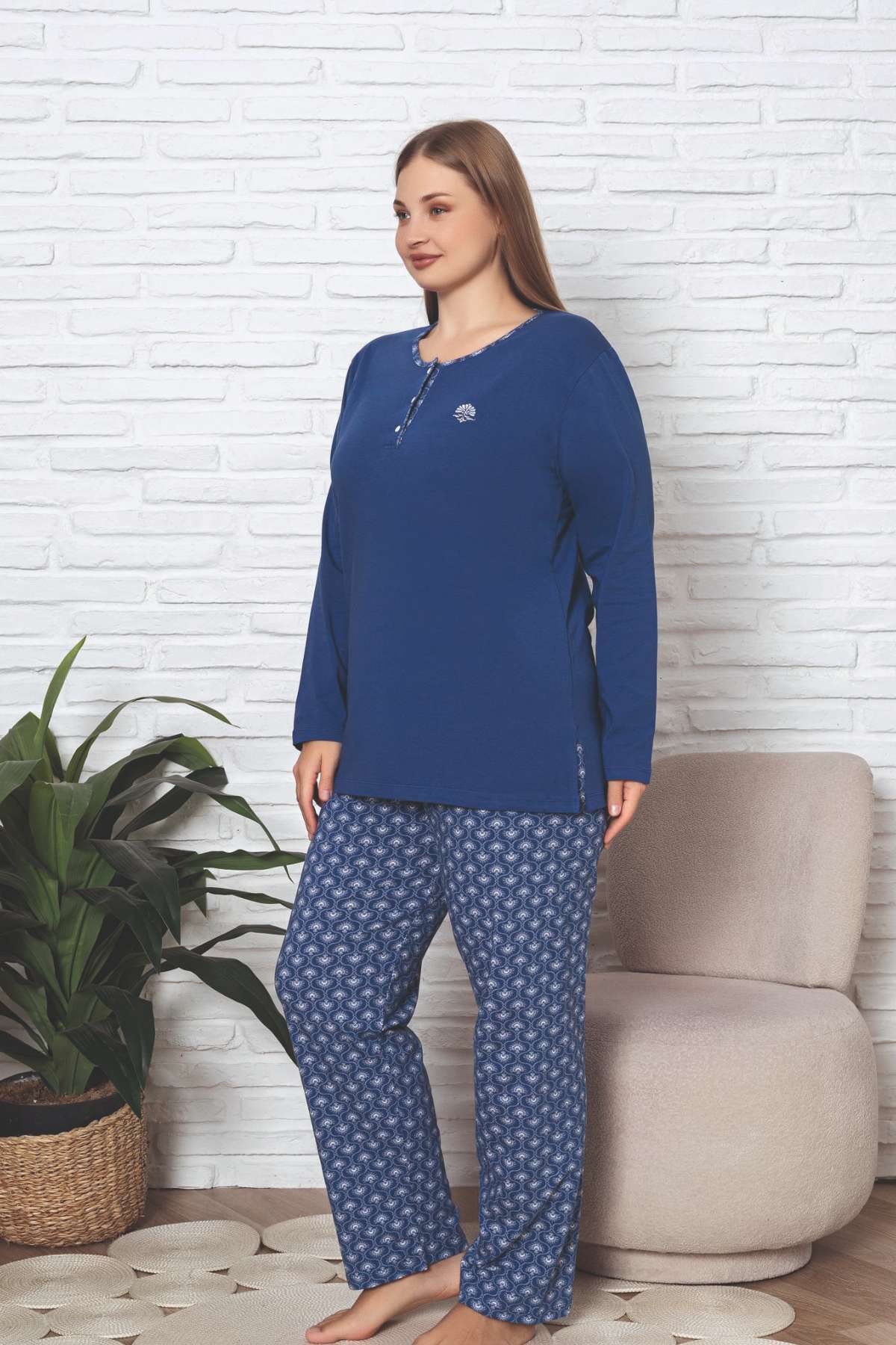 Large Size Female Pijama Set - Indigo Lycra Cotton 2890Ukbl 9 From Turkey Large Size Female Pijama Set - Indigo Lycra Cotton 2890UKBL detail